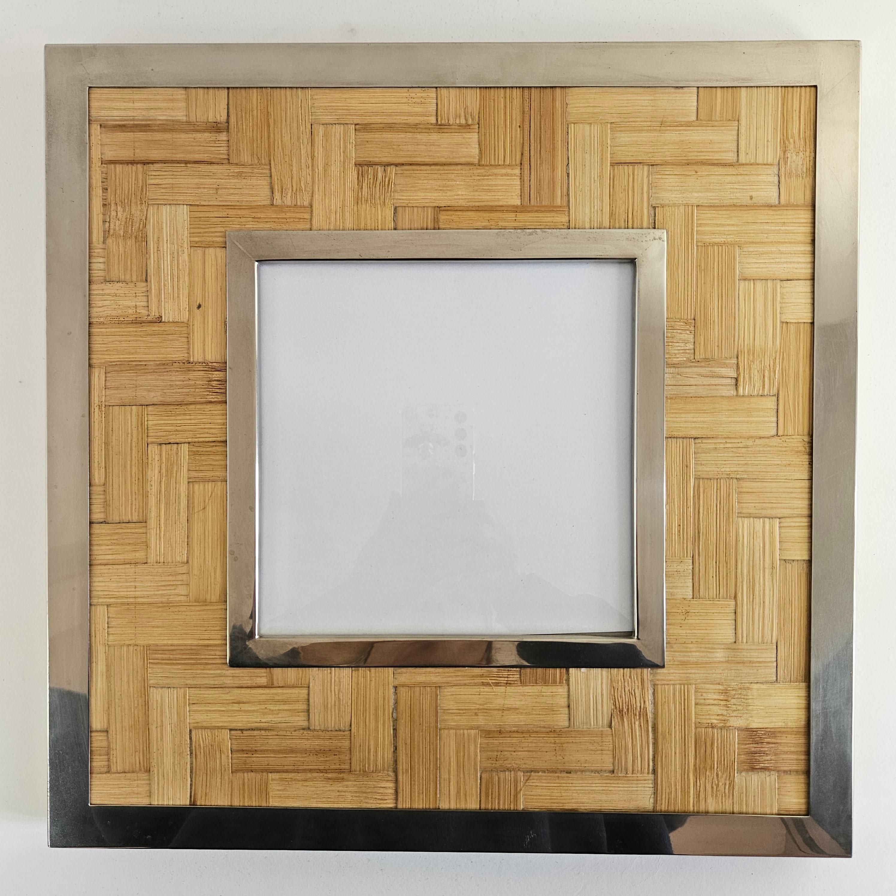 Italian Tommaso Barbi Picture Frame in Rattan and Plated Silver, 1980s For Sale