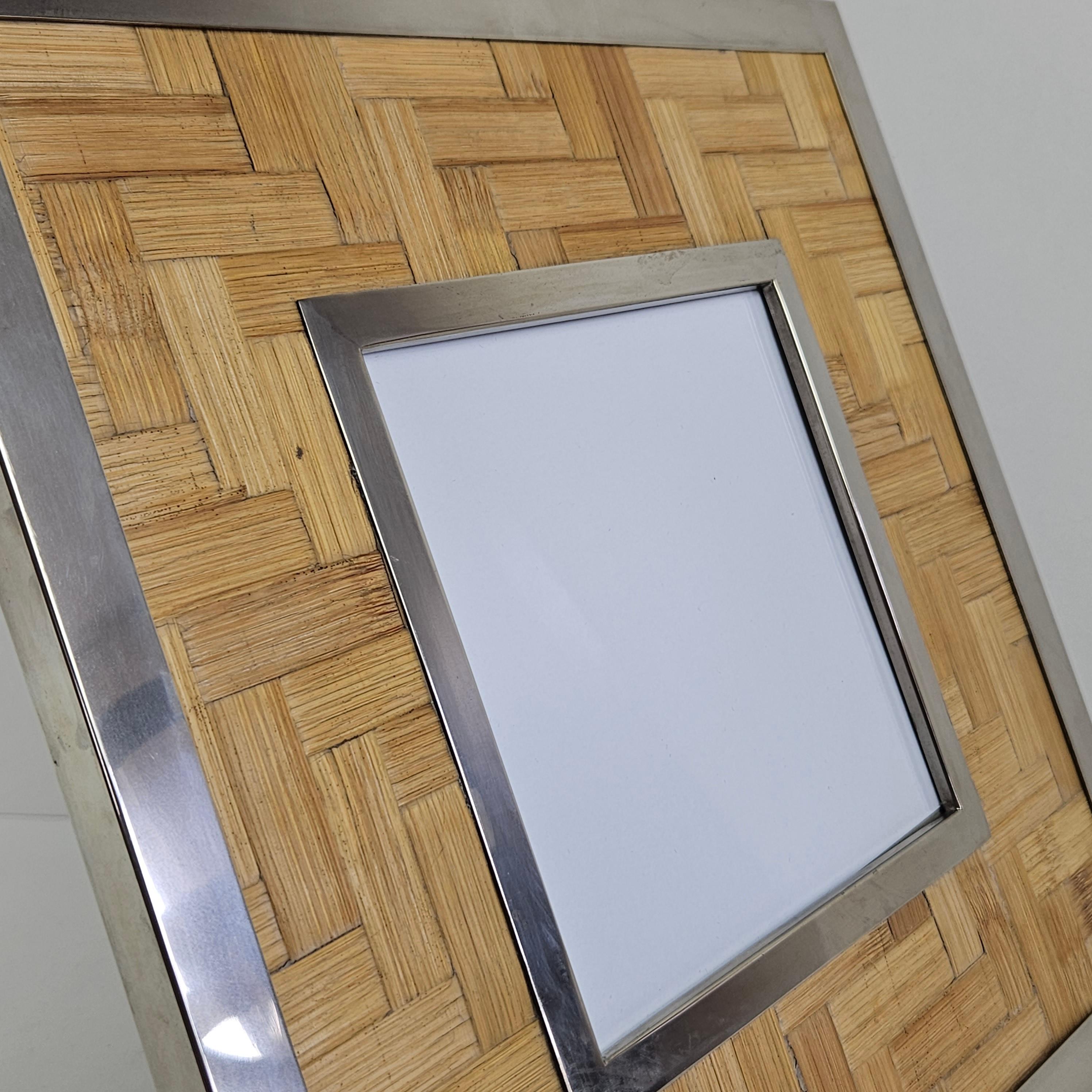 Late 20th Century Tommaso Barbi Picture Frame in Rattan and Plated Silver, 1980s For Sale
