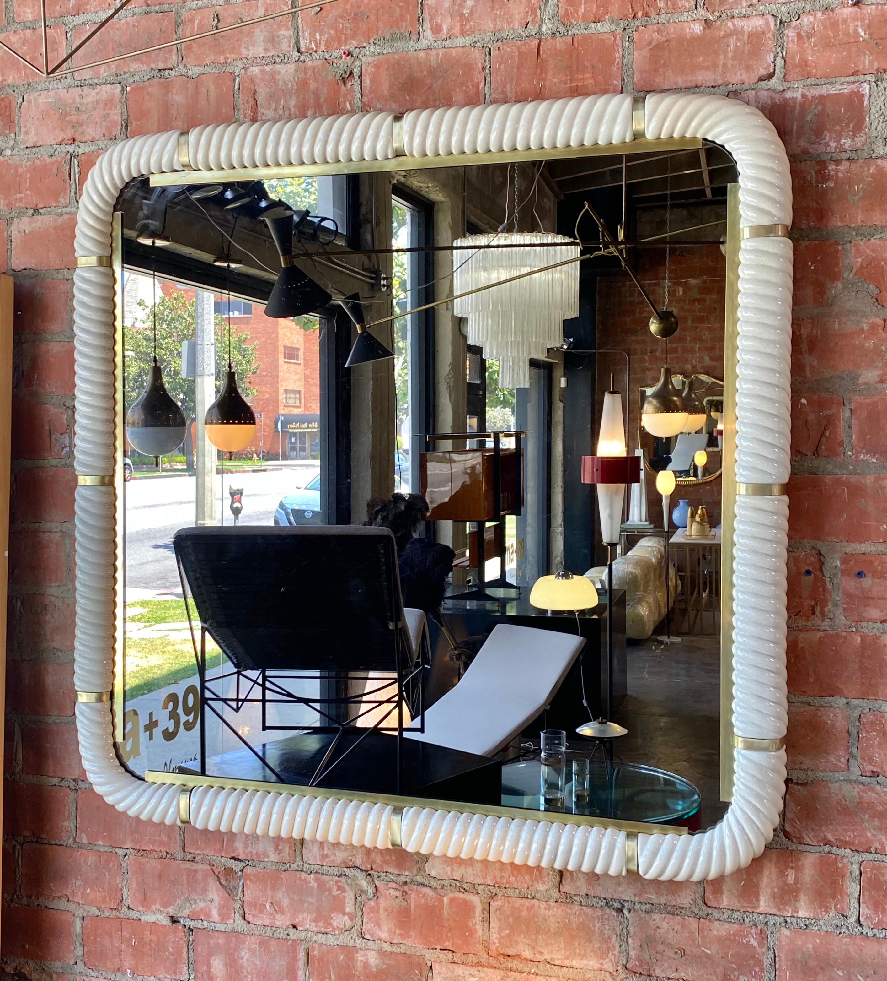 Tommaso Barbi Porcelain Wall Mirror with Brass In Excellent Condition In Los Angeles, CA