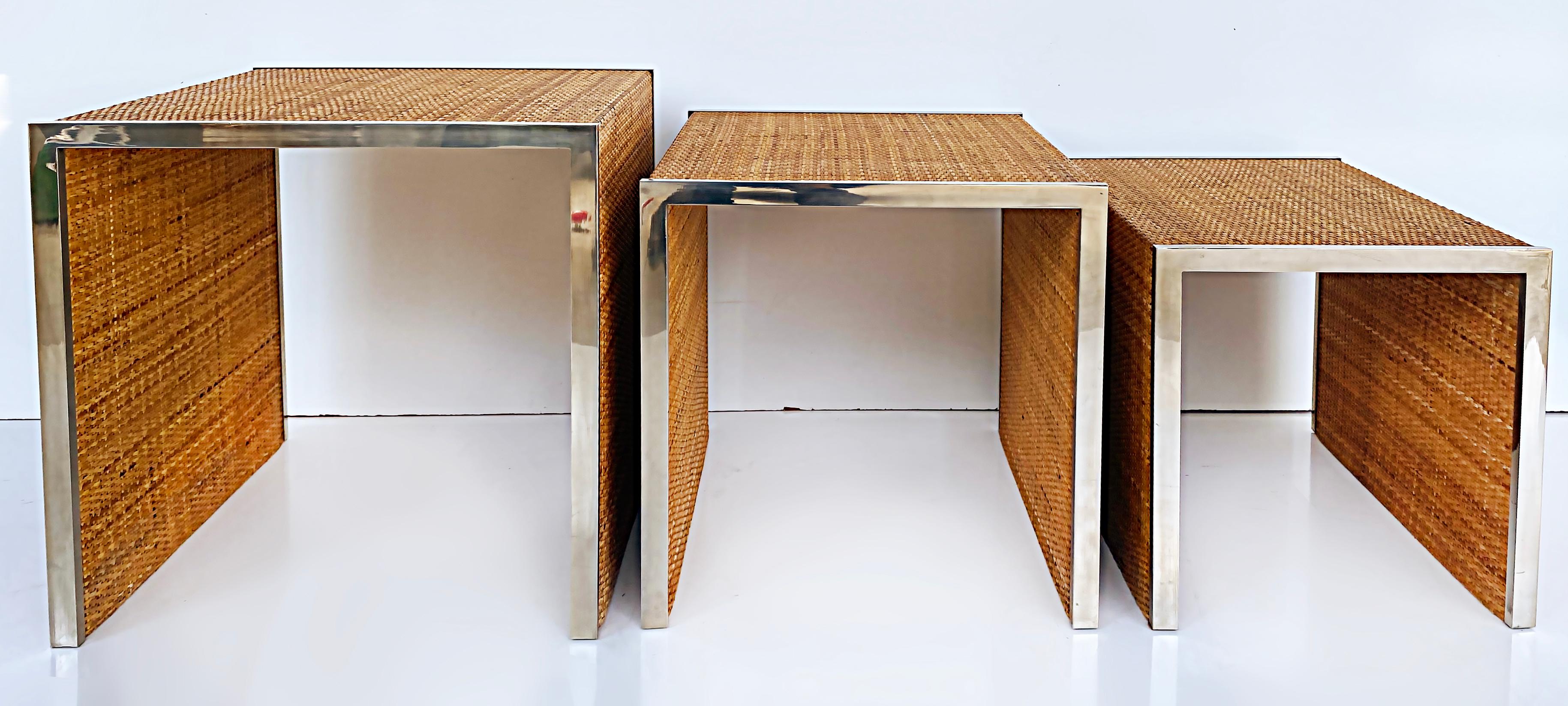 Italian Tommaso Barbi Reed, Stainless Steel Nesting Tables, Italy 1970s, Set of 3 For Sale