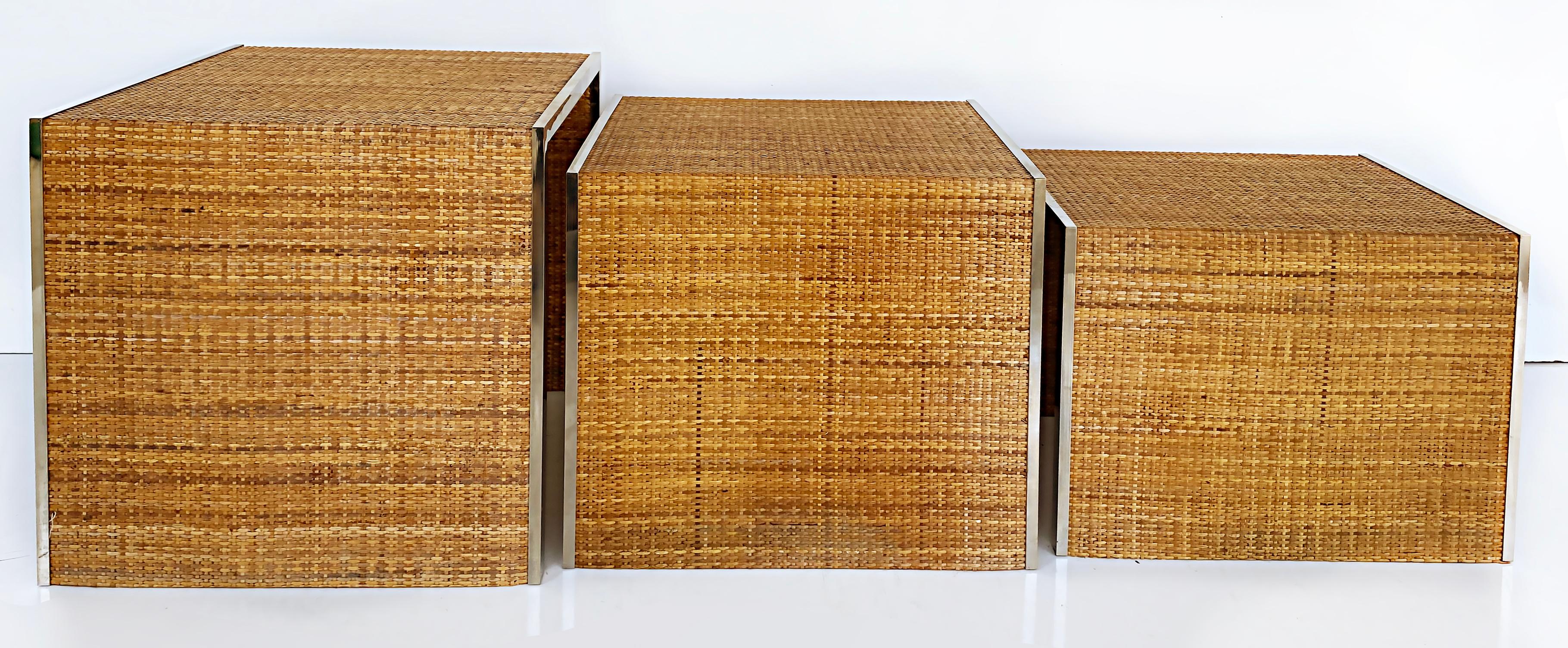 Tommaso Barbi Reed, Stainless Steel Nesting Tables, Italy 1970s, Set of 3 In Good Condition For Sale In Miami, FL