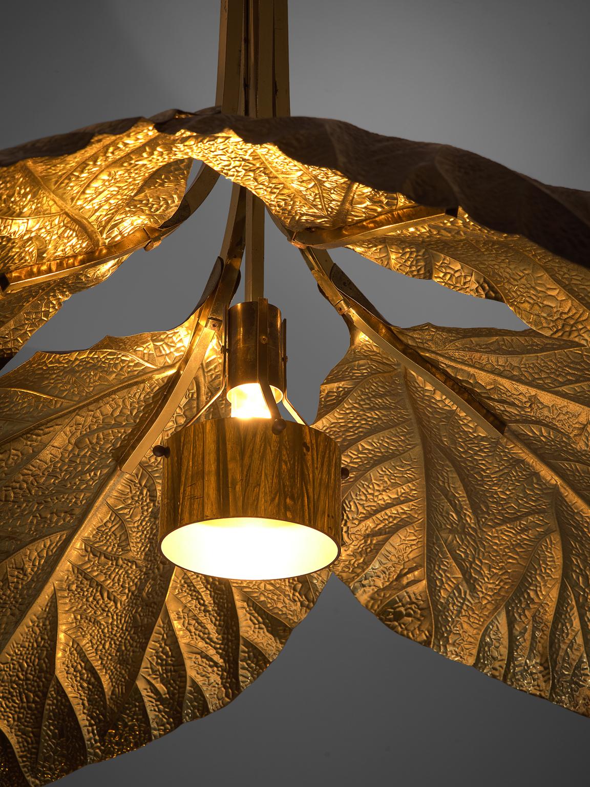 Hammered Tommaso Barbi Rhubarb Leaf Brass Chandelier