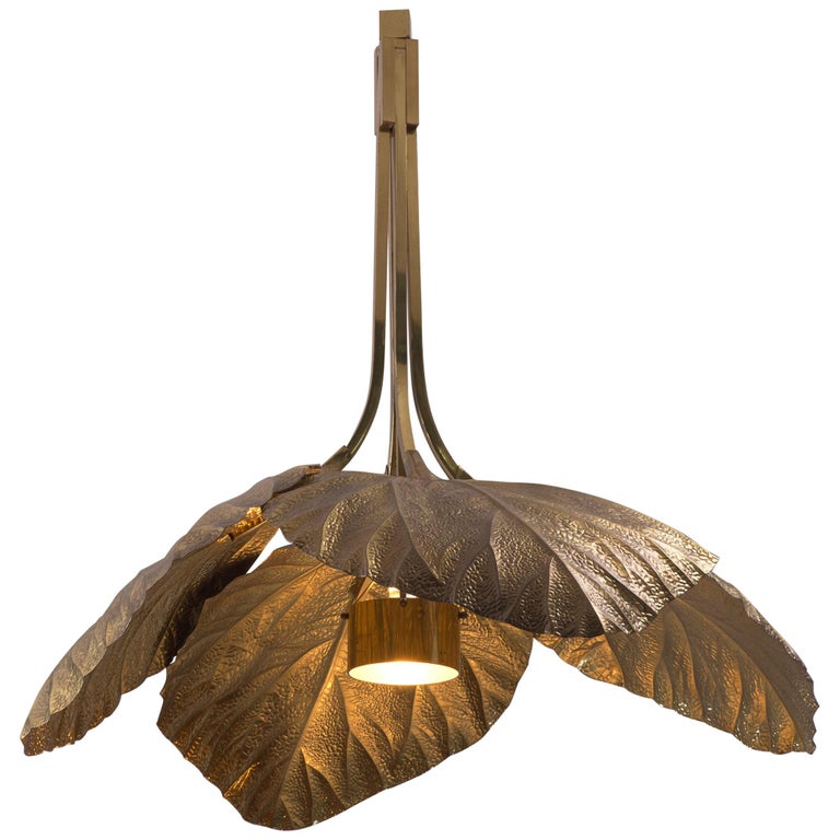 Tommaso Barbi brass rhubarb-leaf chandelier, 1970s, offered by Morentz