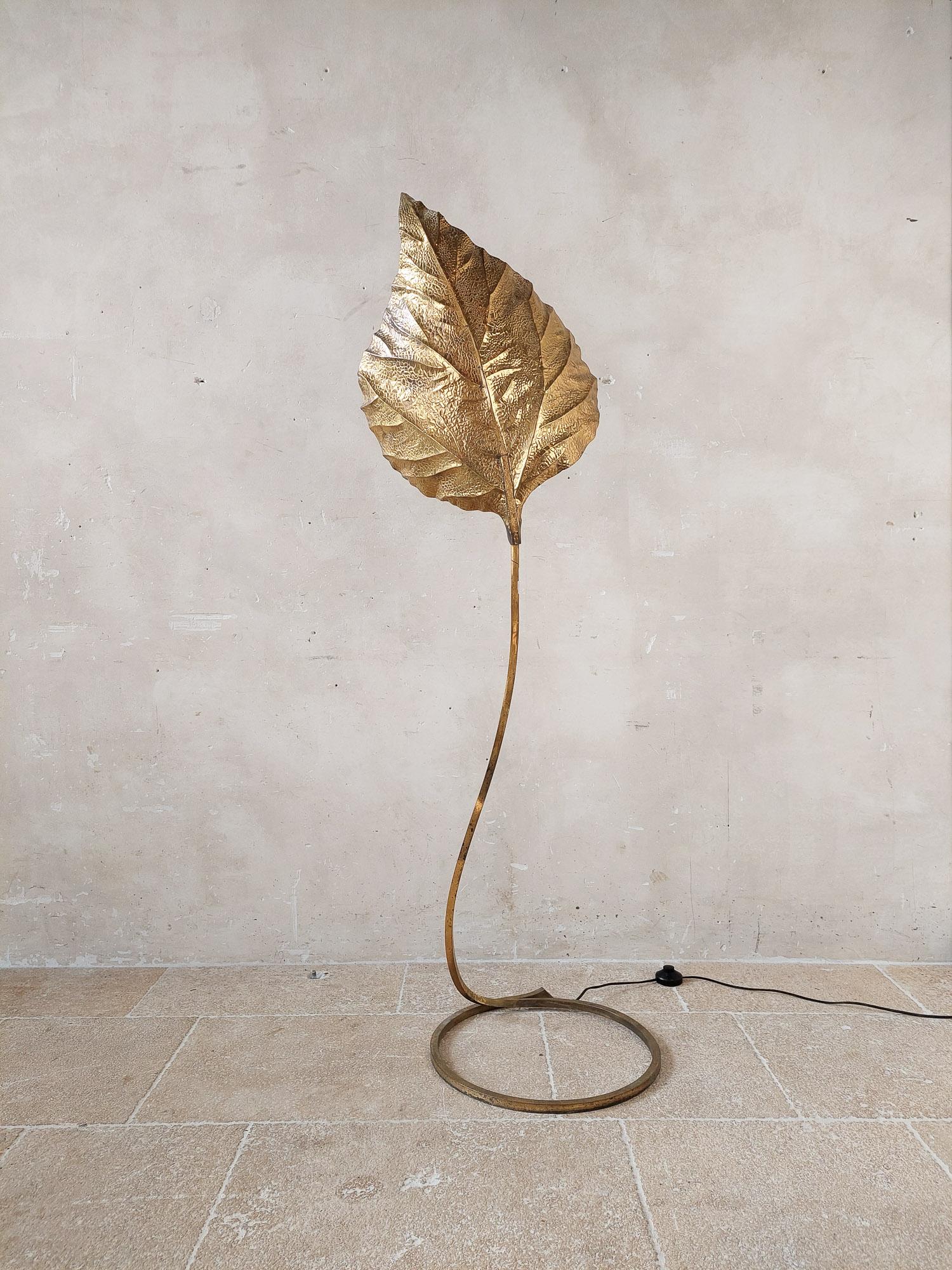 Tommaso Barbi rhubarb leaf floor lamp for Carlo Giorgi, Italy, 1970s. The lamp is made of polished brass, has a curved base and a beautiful pattern in the leaf that creates a warm and inviting atmosphere when the light reflects on it. Midcentury