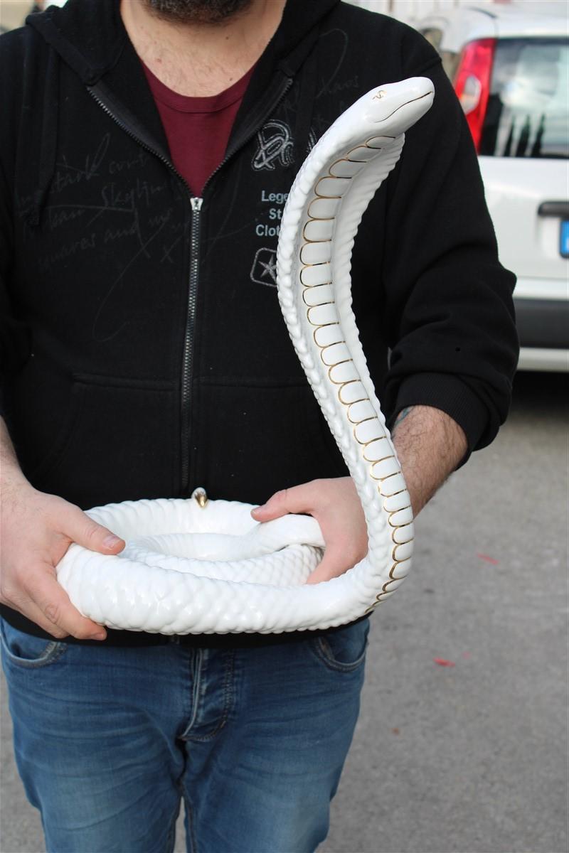 Tommaso Barbi Sculpture Cobra Snake White Gold Ceramic Italian Design, 1970s 2