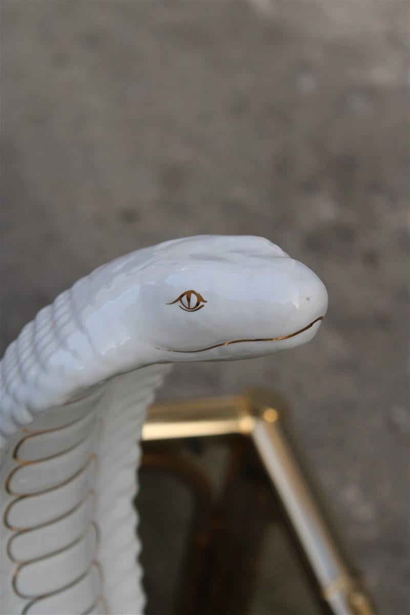 Mid-Century Modern Tommaso Barbi Sculpture Cobra Snake White Gold Ceramic Italian Design, 1970s