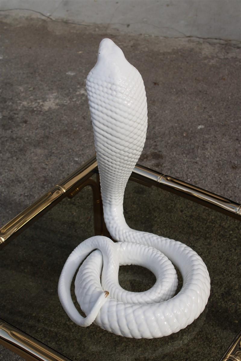 Late 20th Century Tommaso Barbi Sculpture Cobra Snake White Gold Ceramic Italian Design, 1970s