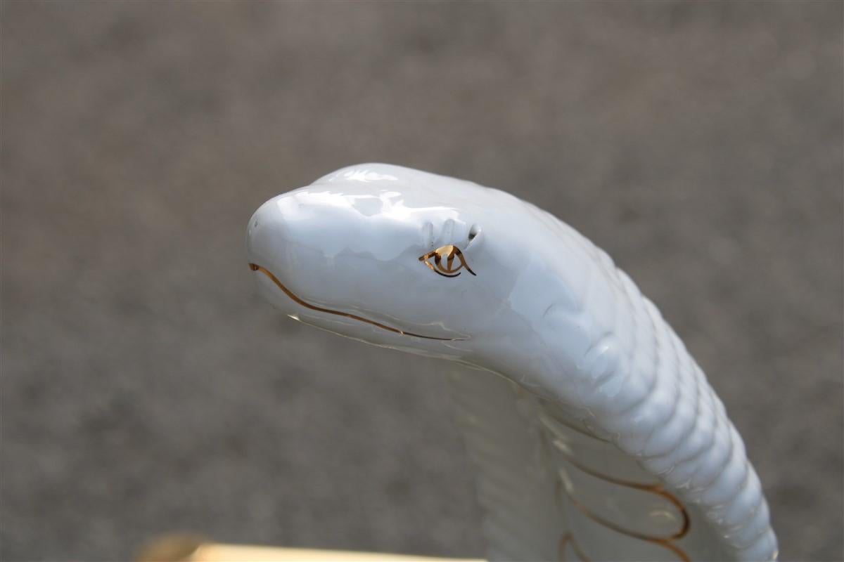 Tommaso Barbi Sculpture Cobra Snake White Gold Ceramic Italian Design, 1970s 1