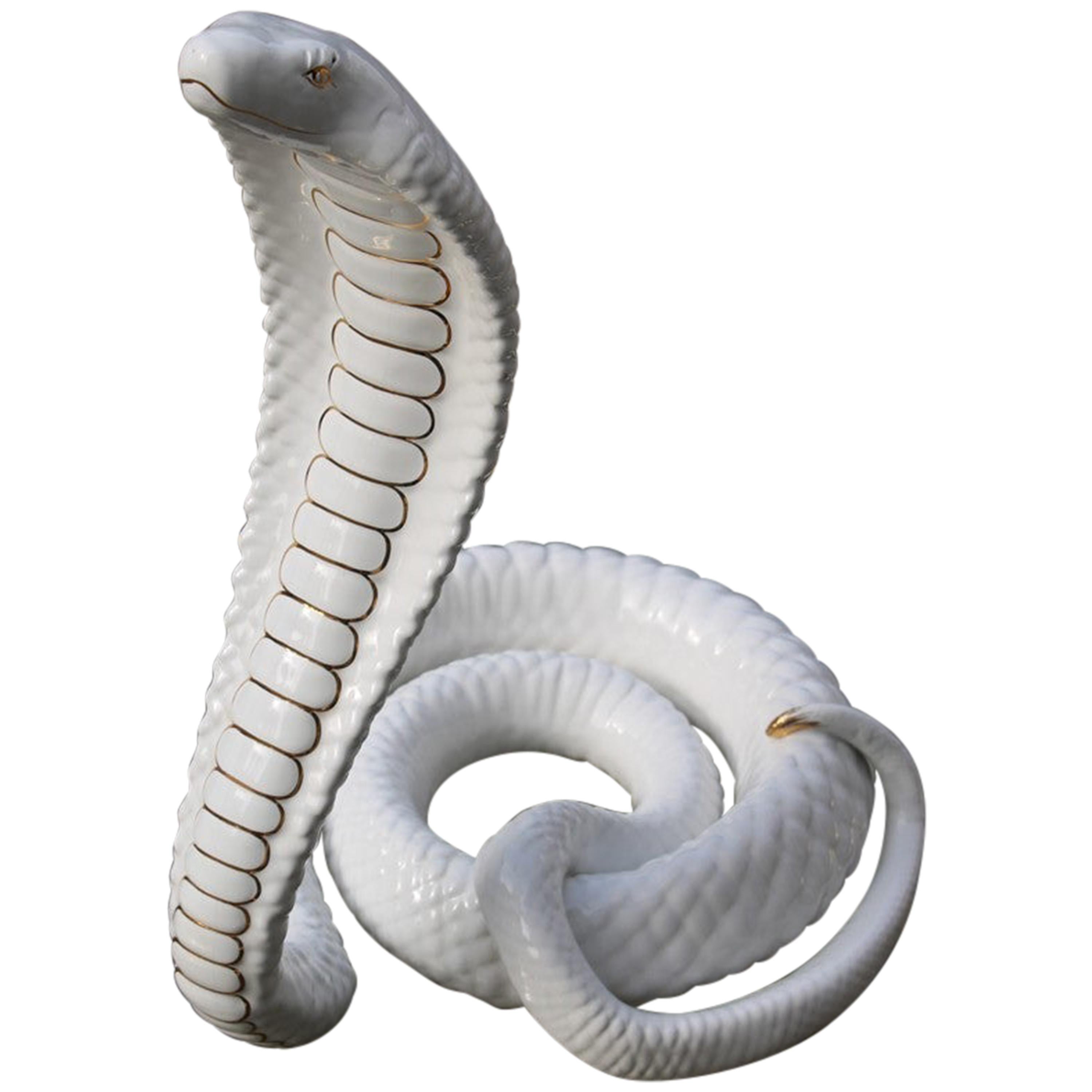 Tommaso Barbi Sculpture Cobra Snake White Gold Ceramic Italian Design, 1970s