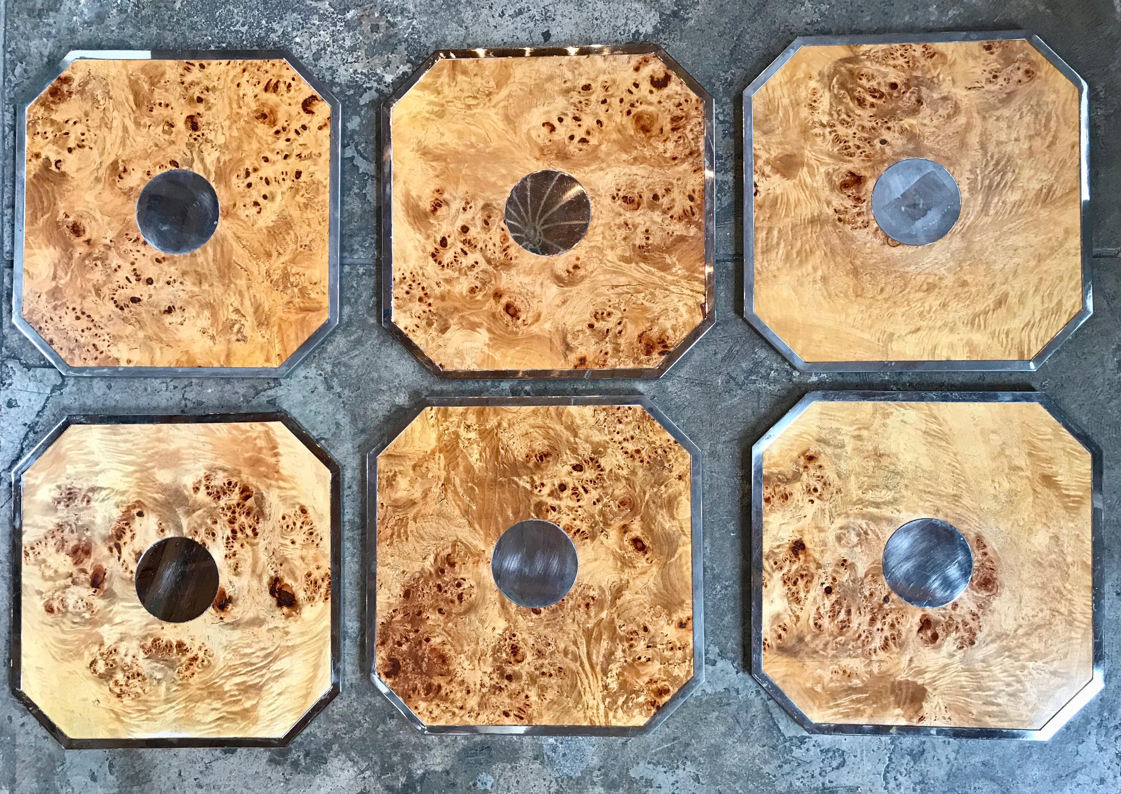 Tommaso Barbi (signed) set of 6 octagonal plates/tablemat in wood and chrome, Italy, 1960s.