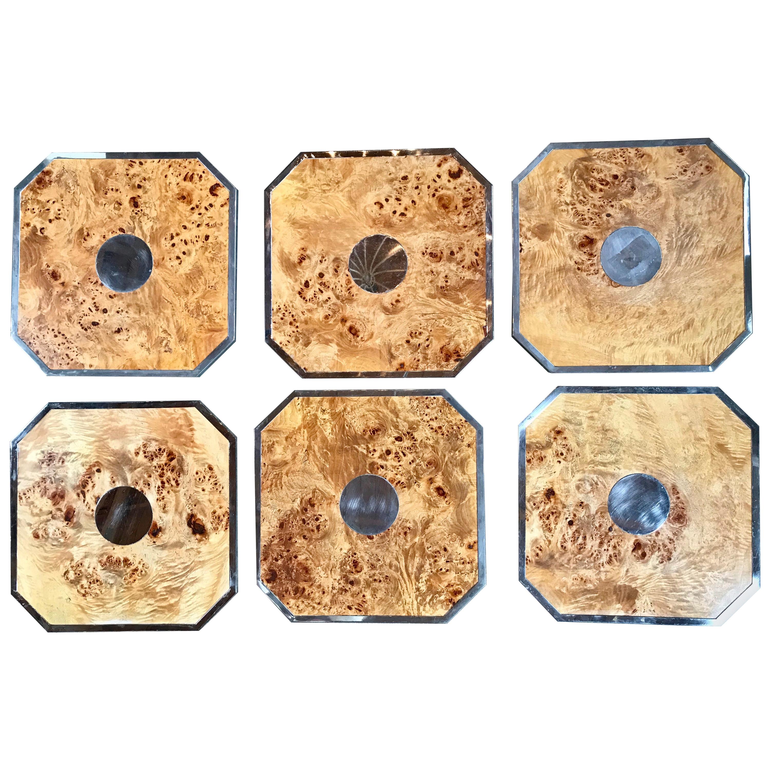 Tommaso Barbi Set of 6 Octagonal Plates/Tablemat in Wood and Chrome, Italy
