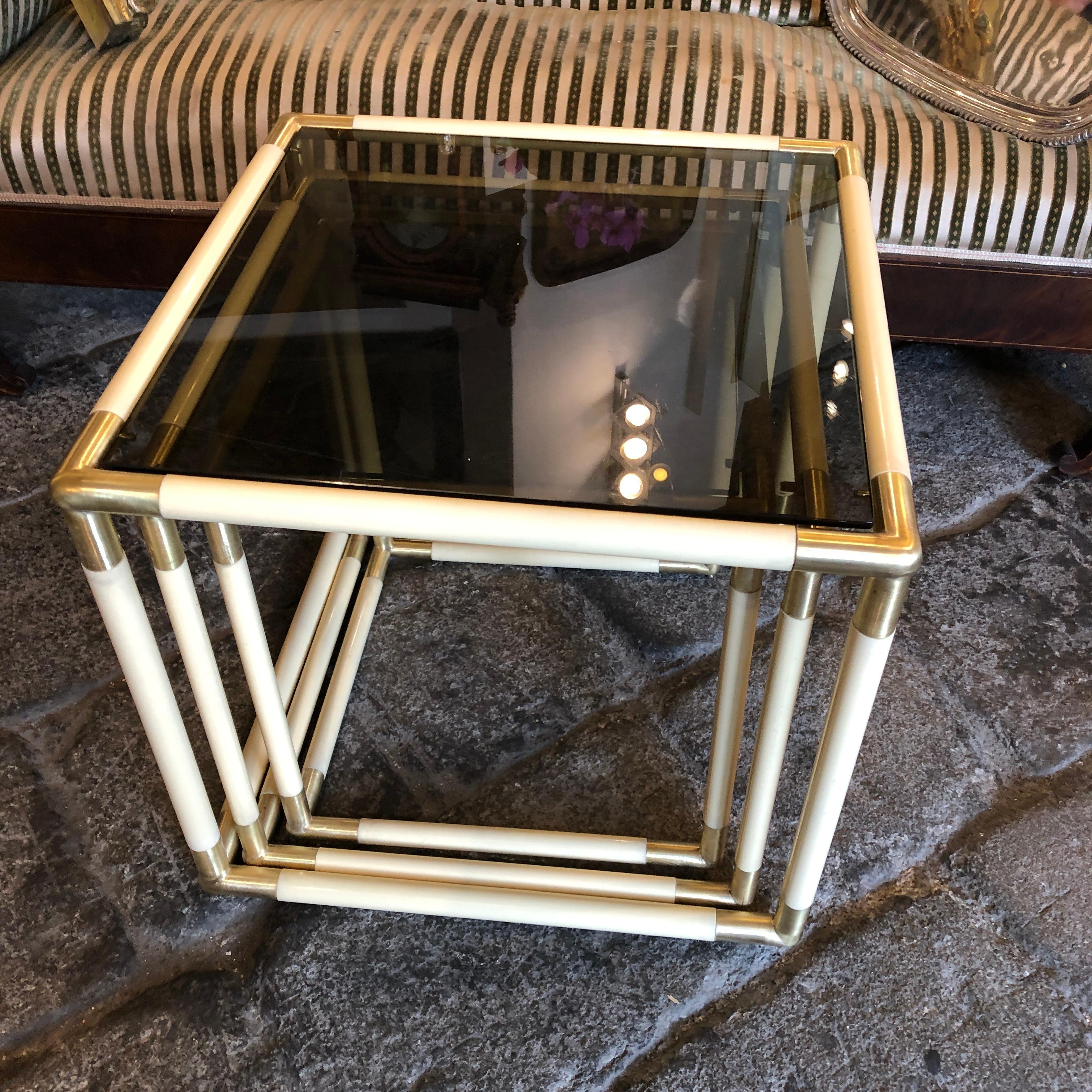 Tommaso Barbi Set of Three Brass and Smoked Glass Nesting Side Tables, 1970 3