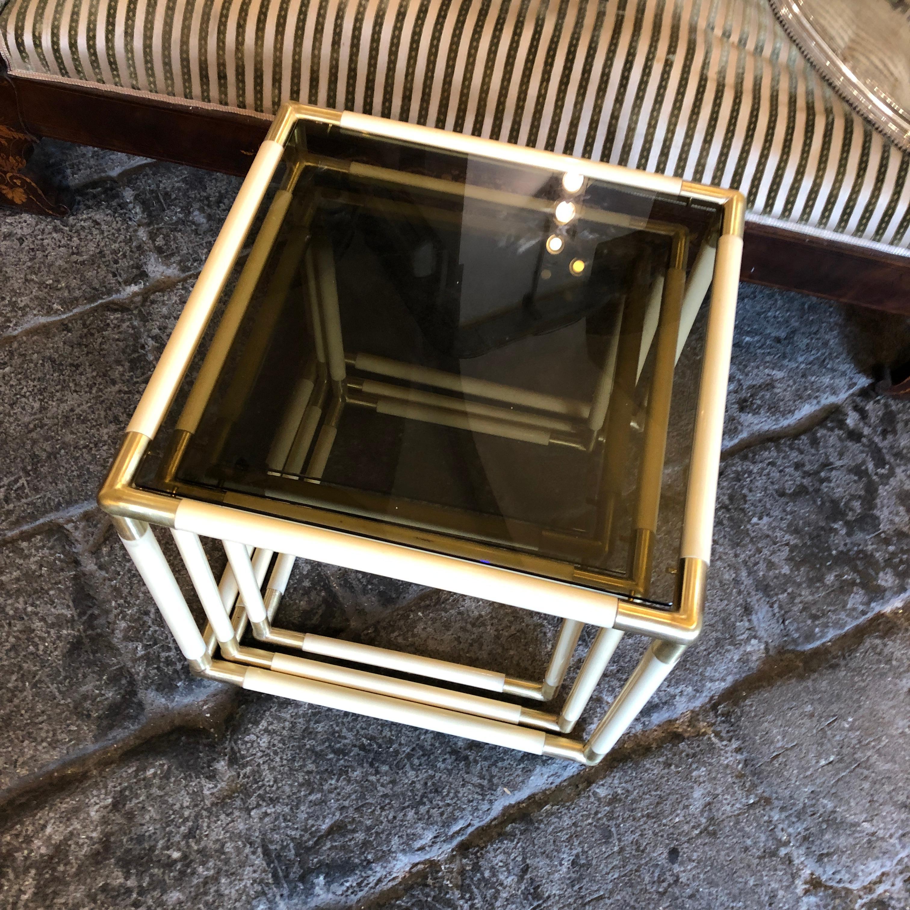 Tommaso Barbi Set of Three Brass and Smoked Glass Nesting Side Tables, 1970 5