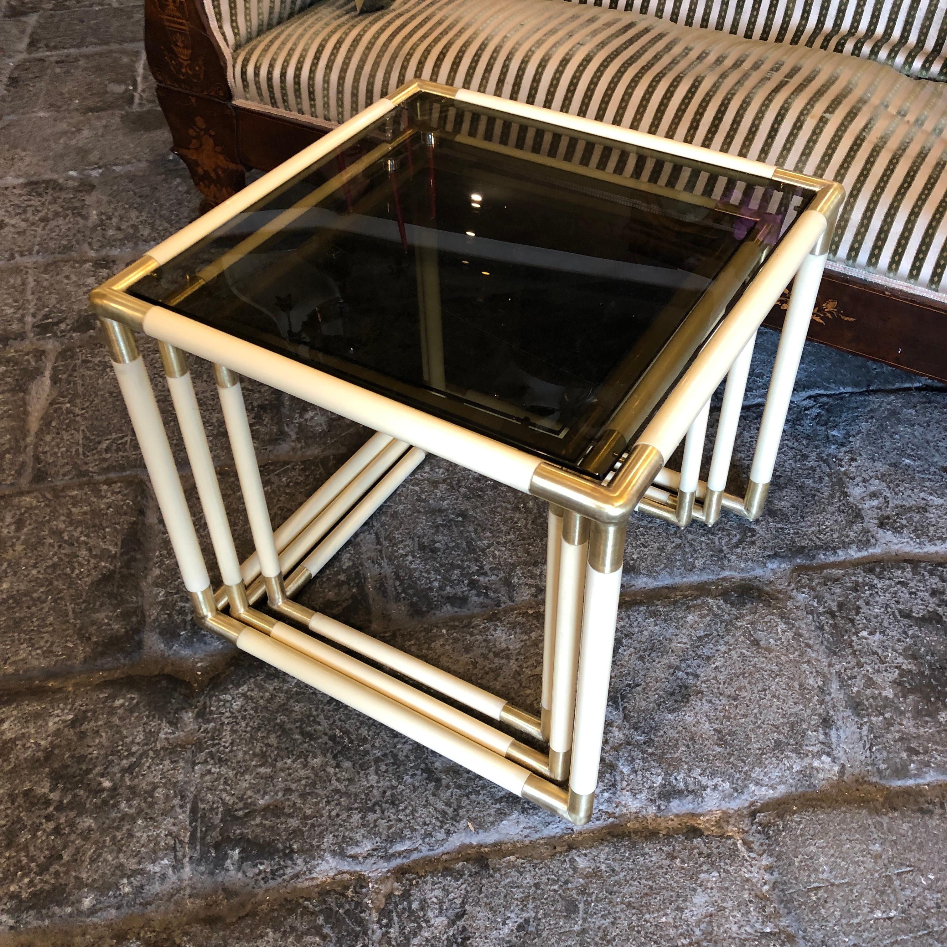 Tommaso Barbi Set of Three Brass and Smoked Glass Nesting Side Tables, 1970 6