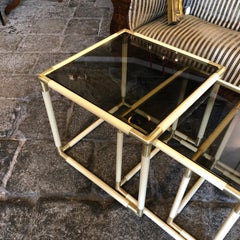 Tommaso Barbi Set of Three Brass and Smoked Glass Nesting Side Tables, 1970
