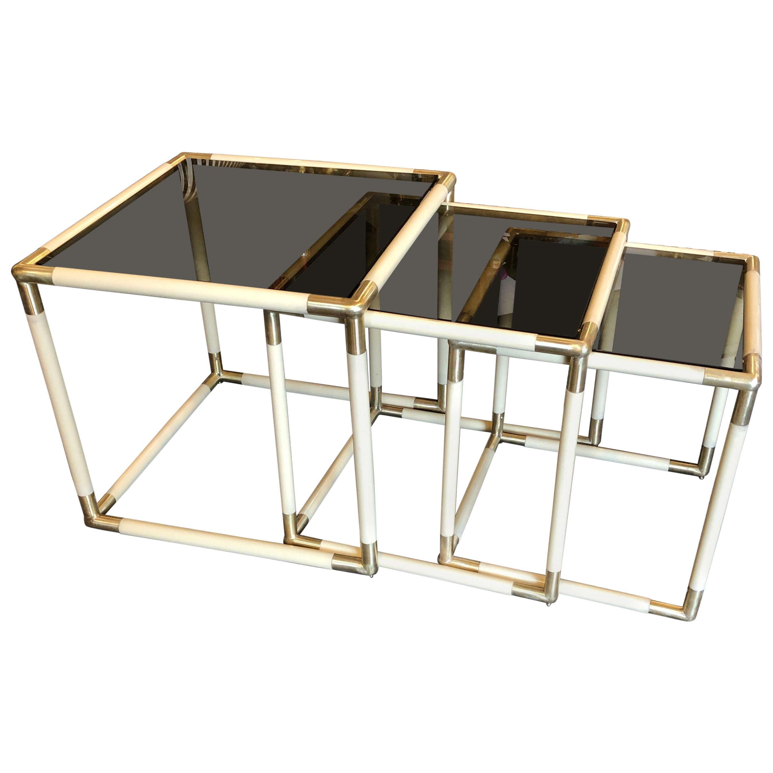 Tommaso Barbi Set of Three Brass and Smoked Glass Nesting Side Tables, 1970