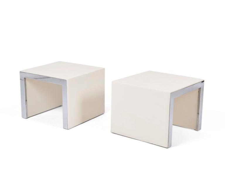 Pair of waterfall side tables covered in original Skai PU leather with chrome trim by Tommaso Barbi, 1970. Marked 