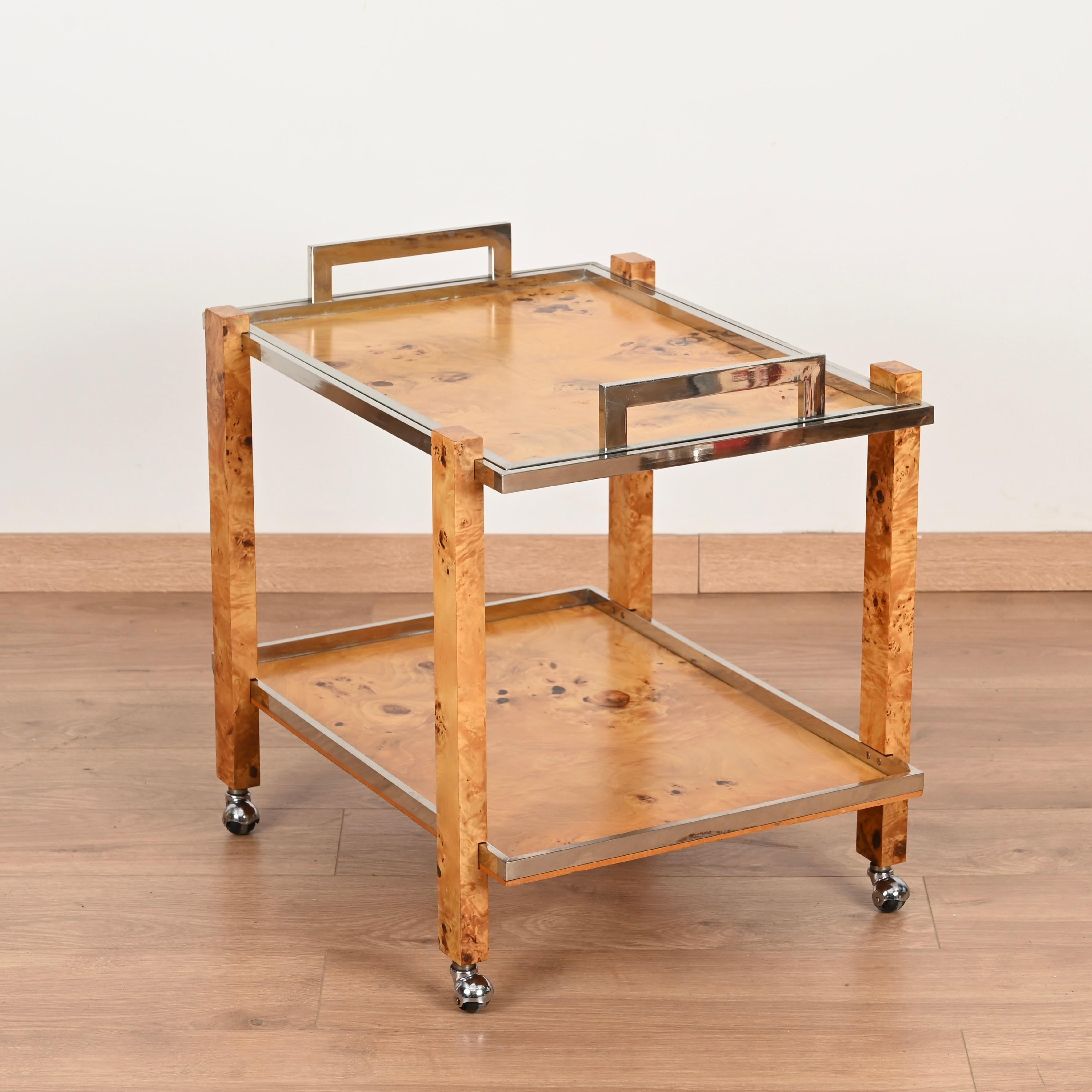 Tommaso Barbi Signed Bar Cart with Serving Tray in Burl and Chrome, Italy 1970s For Sale 4