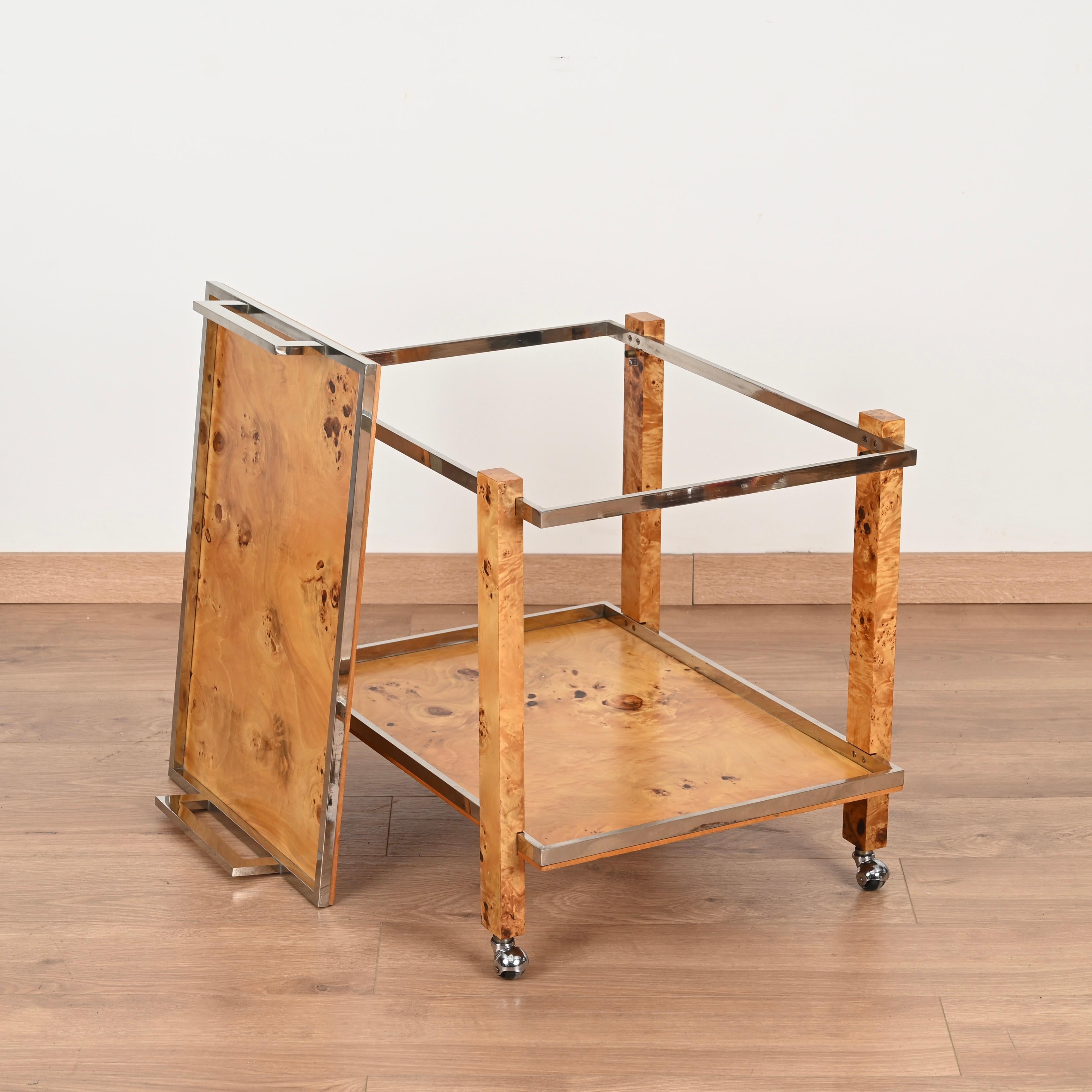 Tommaso Barbi Signed Bar Cart with Serving Tray in Burl and Chrome, Italy 1970s For Sale 5