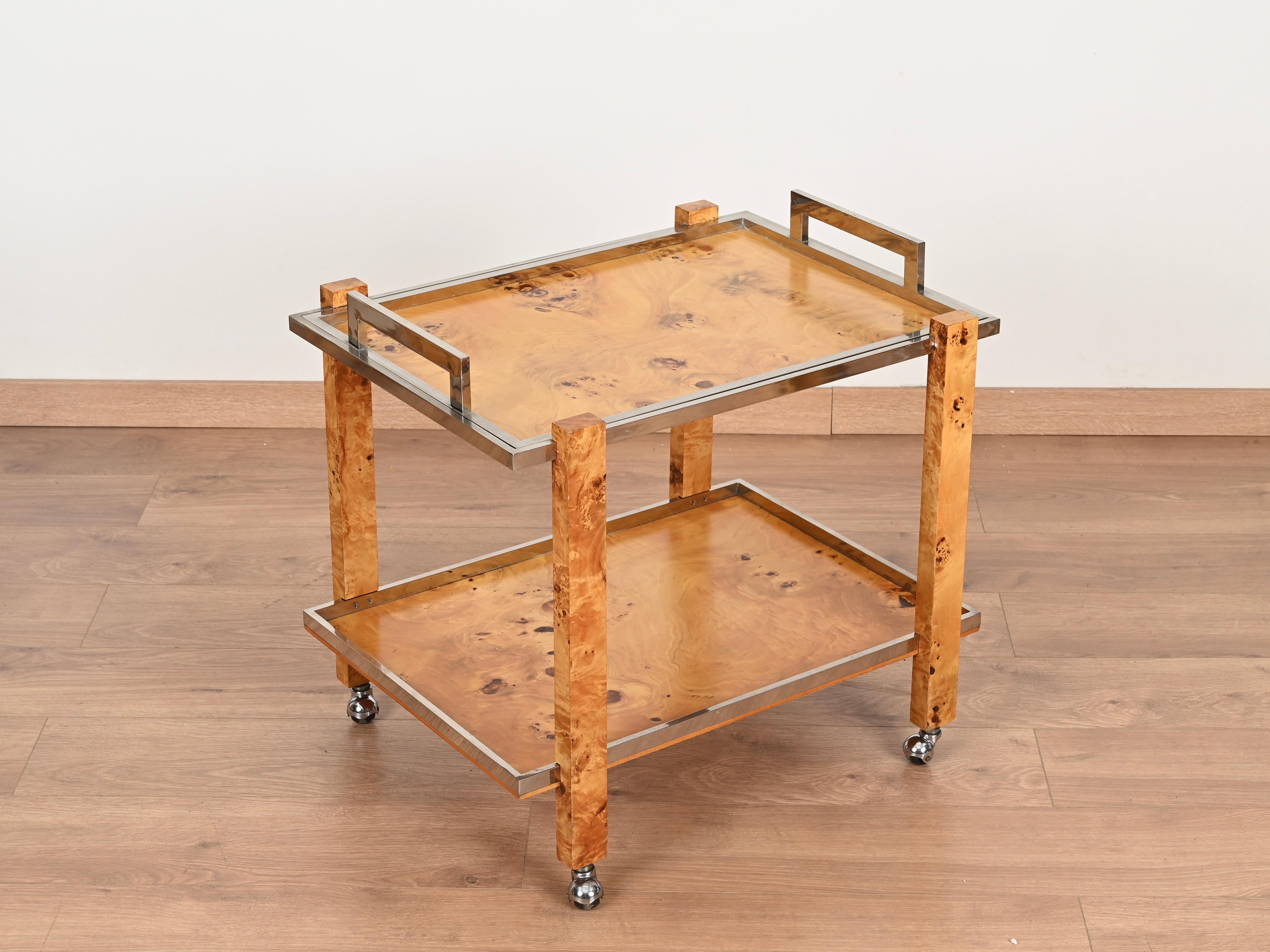 Tommaso Barbi Signed Bar Cart with Serving Tray in Burl and Chrome, Italy 1970s For Sale 7