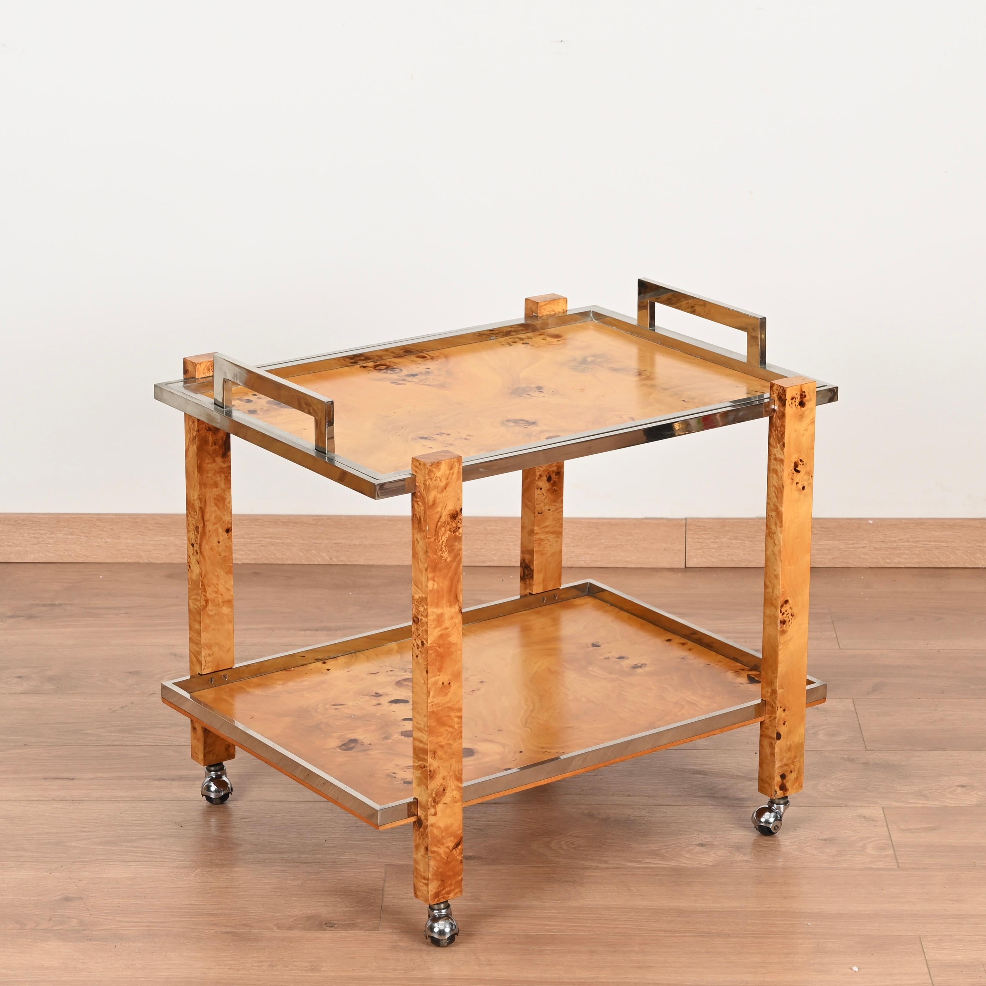 Tommaso Barbi Signed Bar Cart with Serving Tray in Burl and Chrome, Italy 1970s For Sale 8