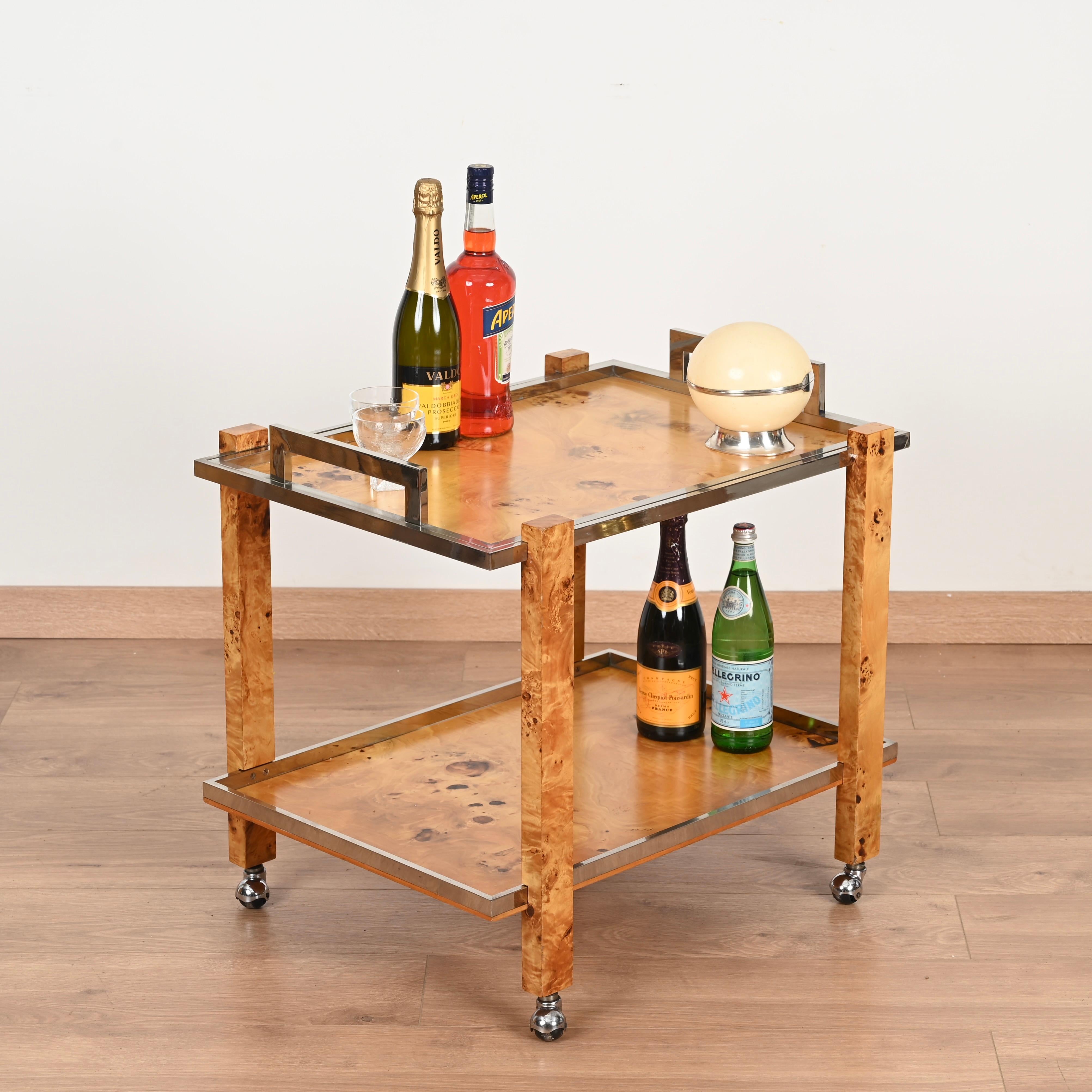 Magnificent mid-century serving bar cart  with removable top tray in birch burl and chromed metal. This incredibly unique and charming cart was designed by Tommaso Barbi and is signed on one of the legs, it was produced in Italy during the