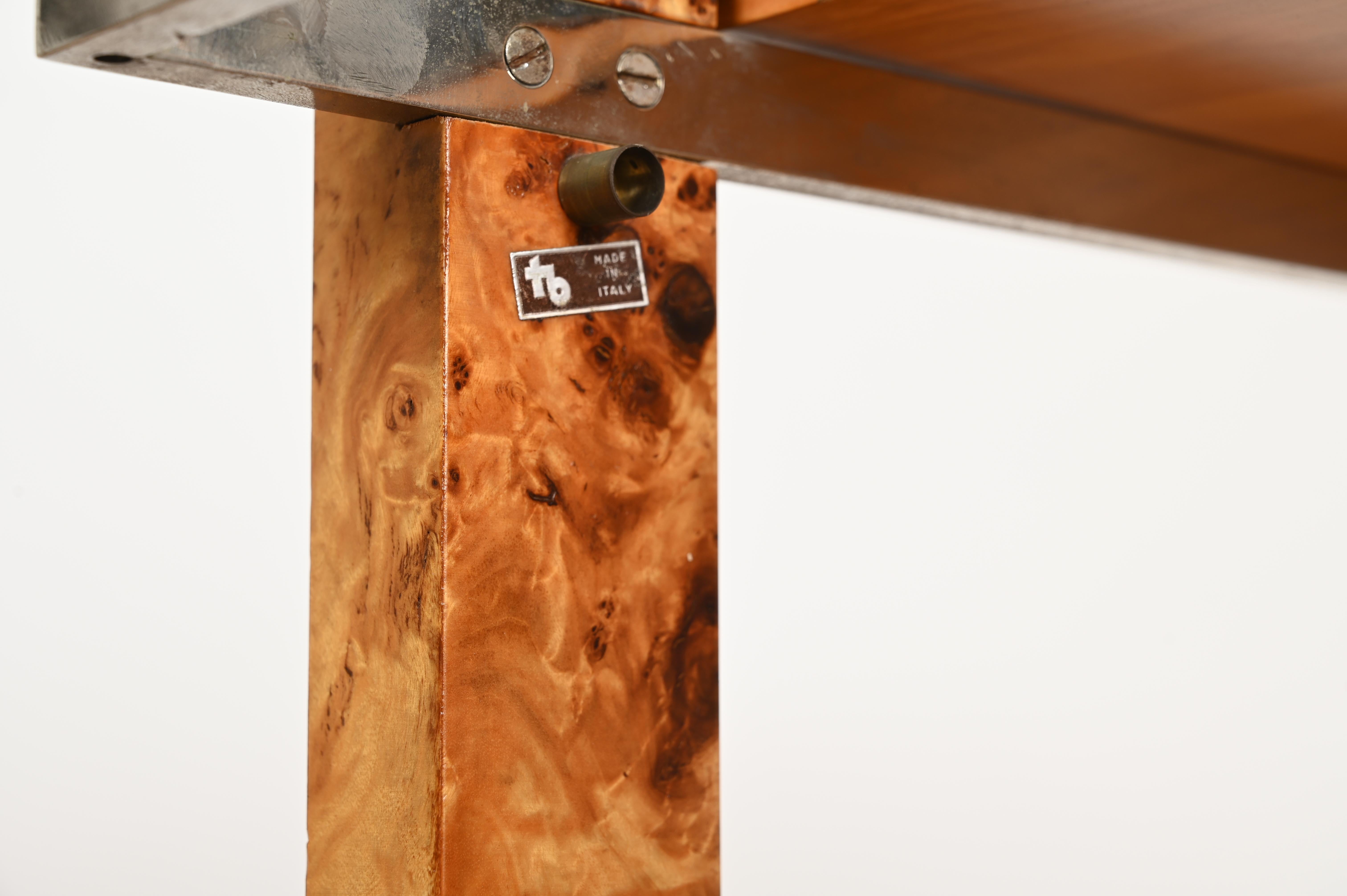 Late 20th Century Tommaso Barbi Signed Bar Cart with Serving Tray in Burl and Chrome, Italy 1970s For Sale