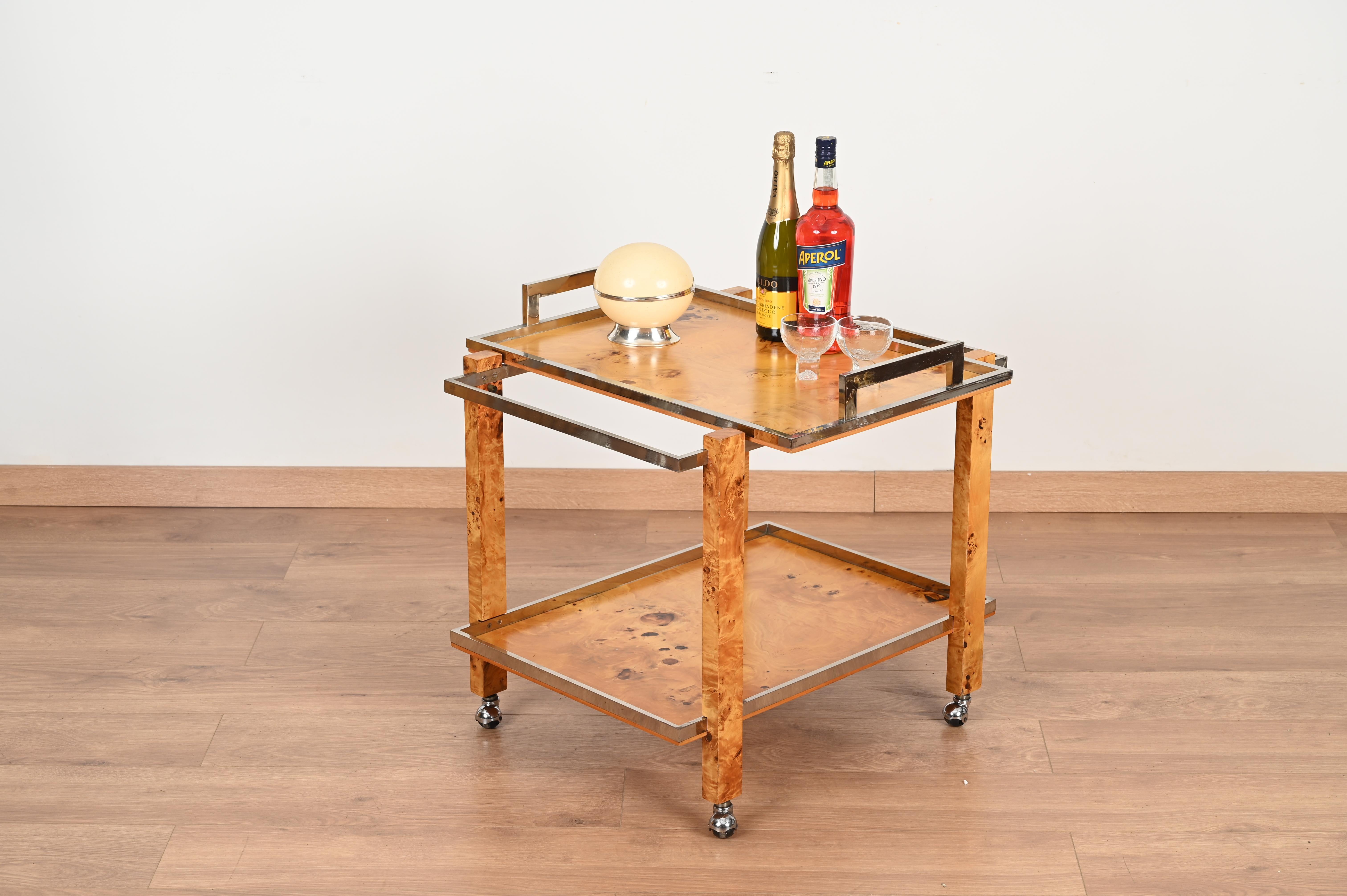 Tommaso Barbi Signed Bar Cart with Serving Tray in Burl and Chrome, Italy 1970s For Sale 1
