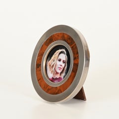 Tommaso Barbi Signierter Runder Bilderrahmen aus Wurzelholz und Chrom, Italien 1970er