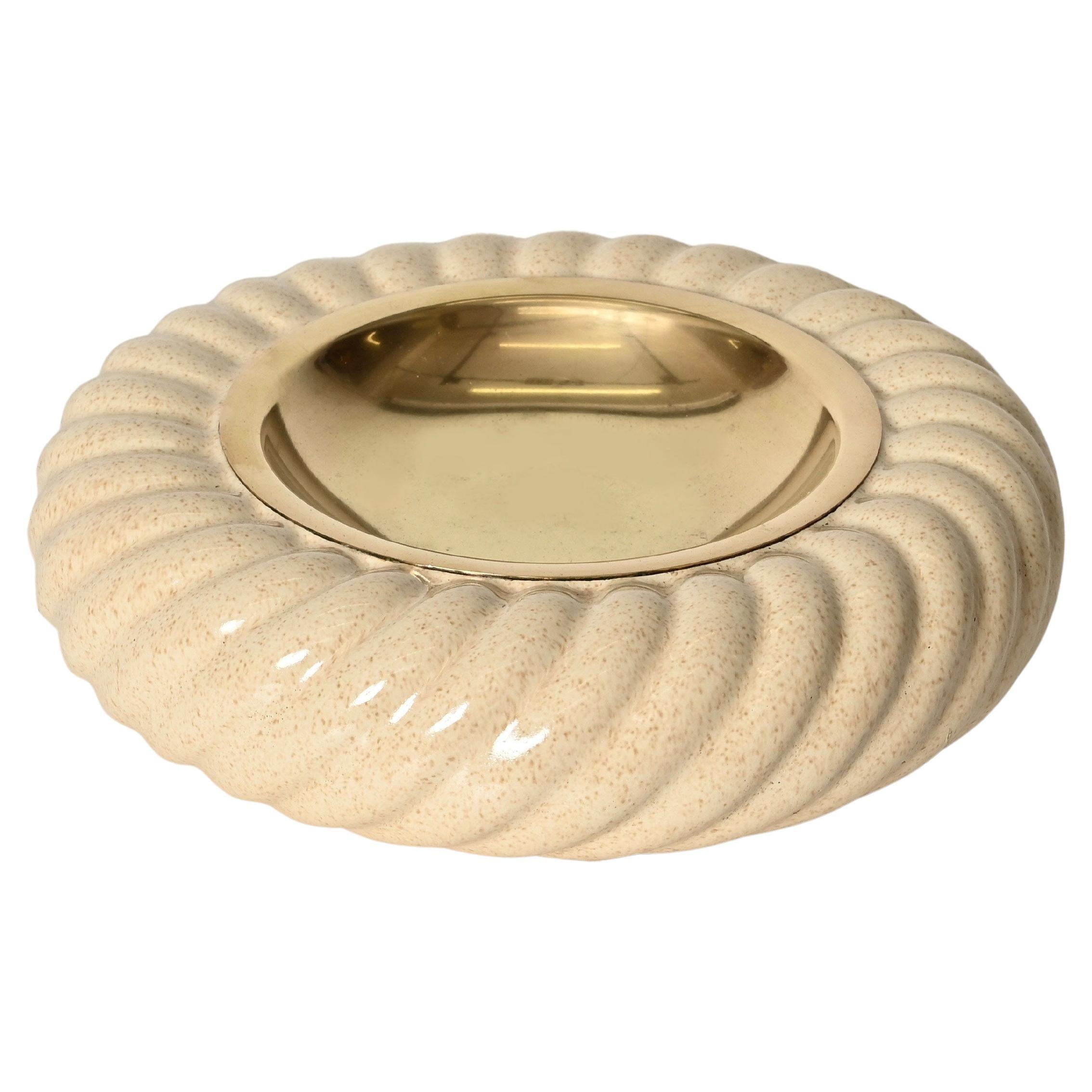 Tommaso Barbi Signed Cream Ceramic and Brass Ashtray or Catchall, Italy 1970s