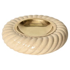 Tommaso Barbi Signed Cream Ceramic and Brass Ashtray or Catchall, Italy 1970s