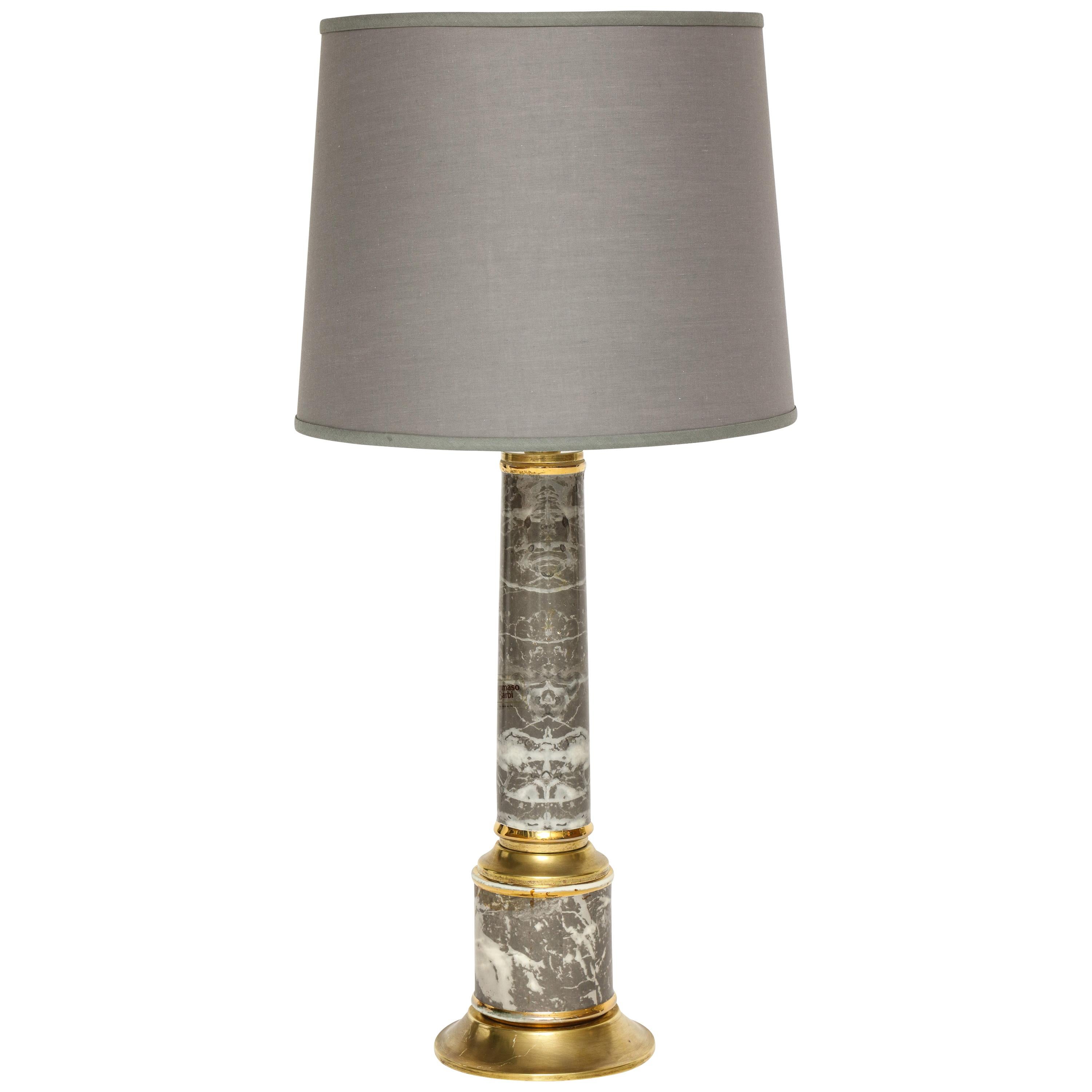Tommaso Barbi Signed Faux Marble and Brass Grey Lamp, Italy, 1970s For Sale