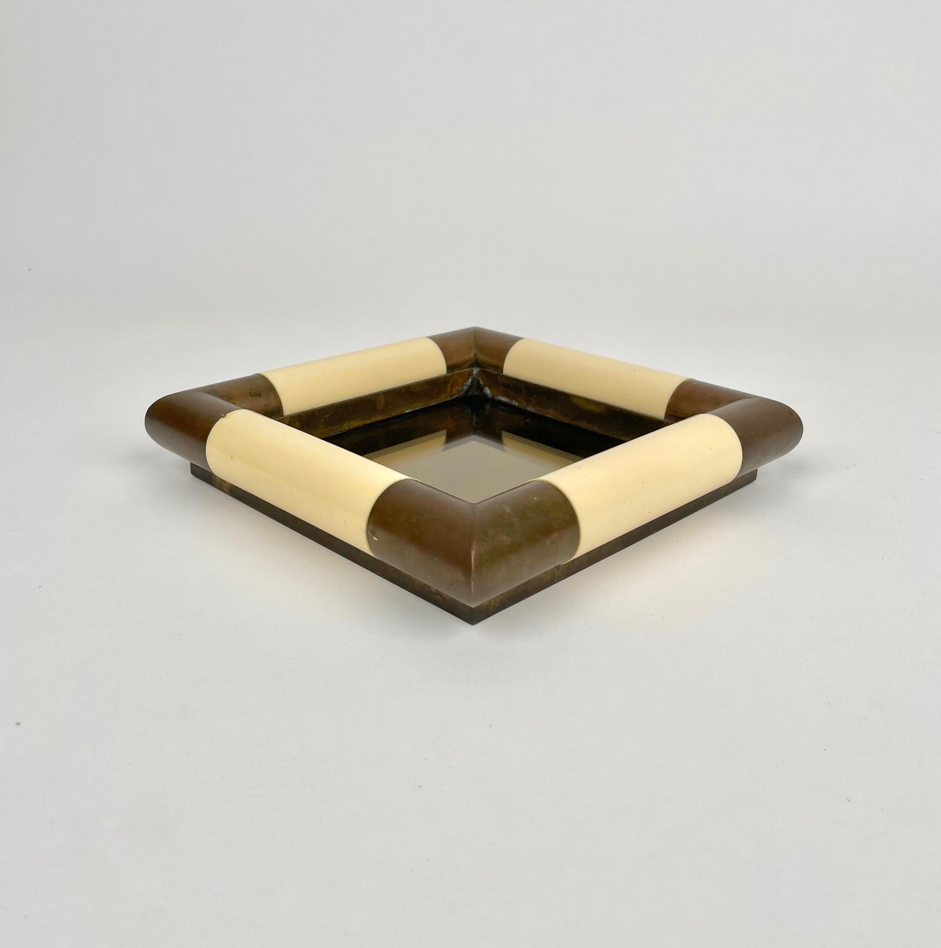 Mid-Century Modern Tommaso Barbi Squared Brass & Mirror Vide Poche, Italy, 1970s