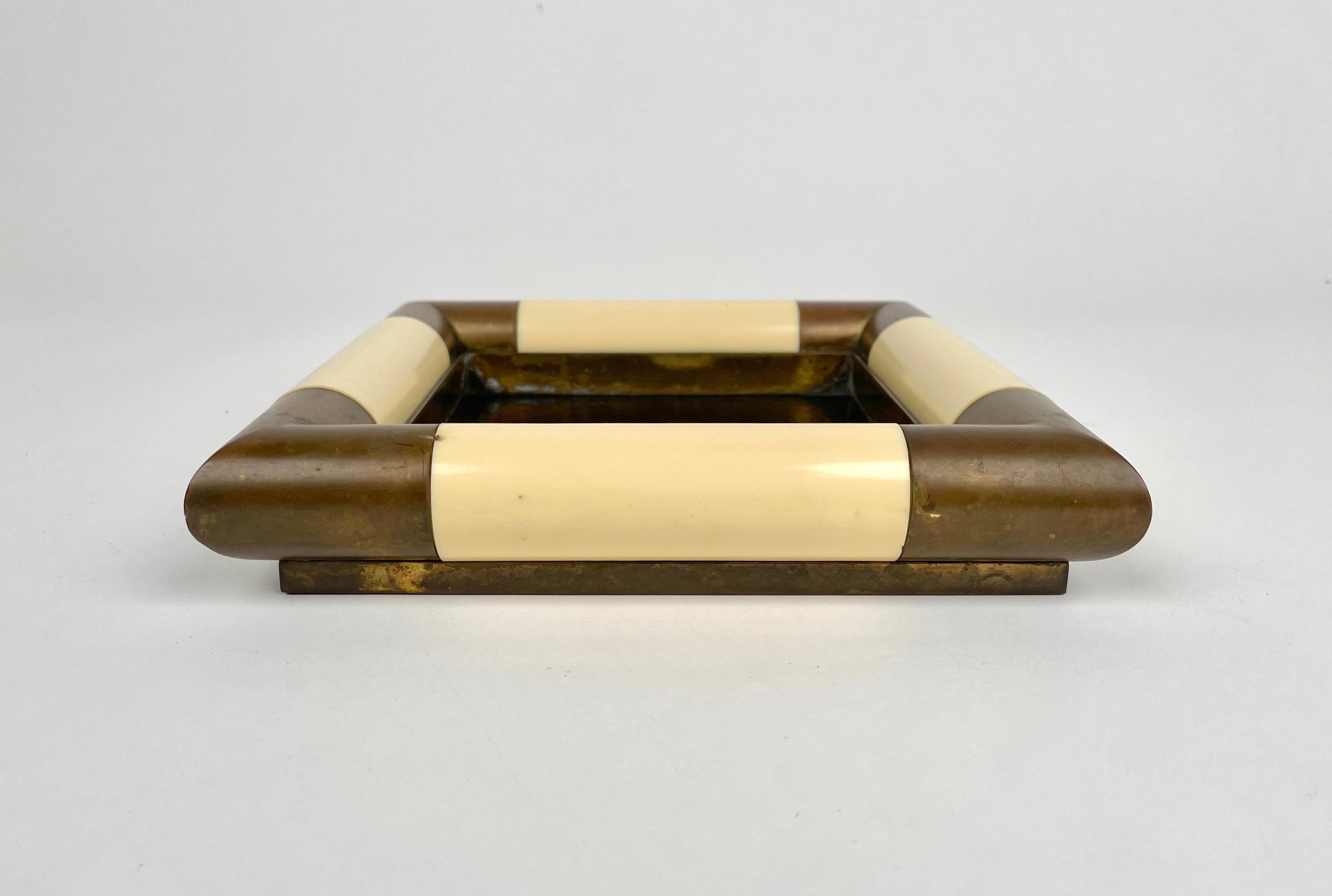 Italian Tommaso Barbi Squared Brass & Mirror Vide Poche, Italy, 1970s