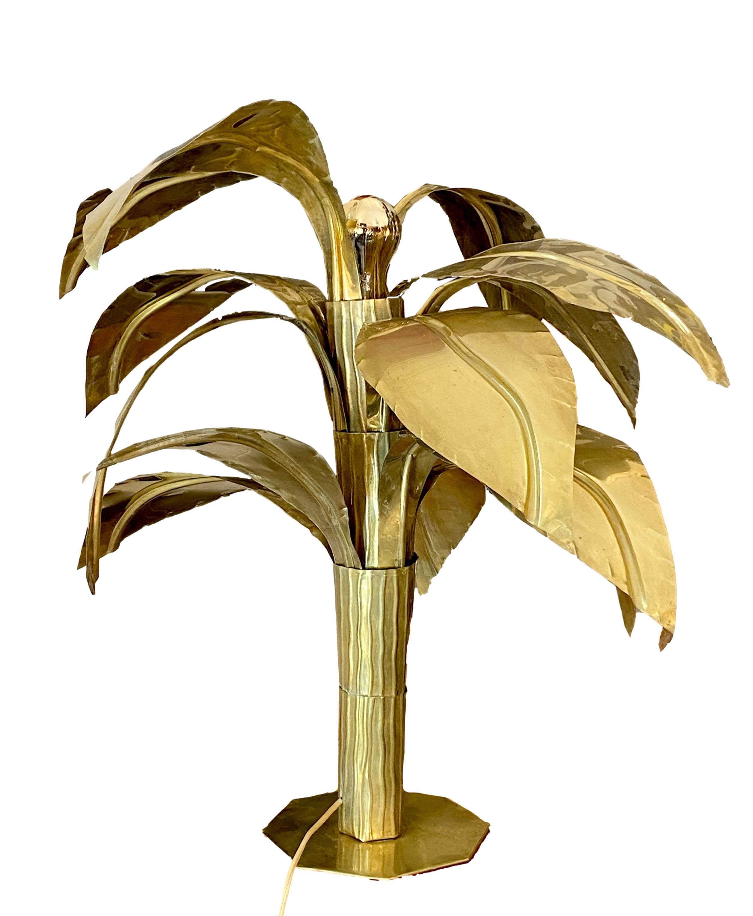 Hollywood Regency Tommaso Barbi Style Brass Palm Tree Table Lamp, 1970s