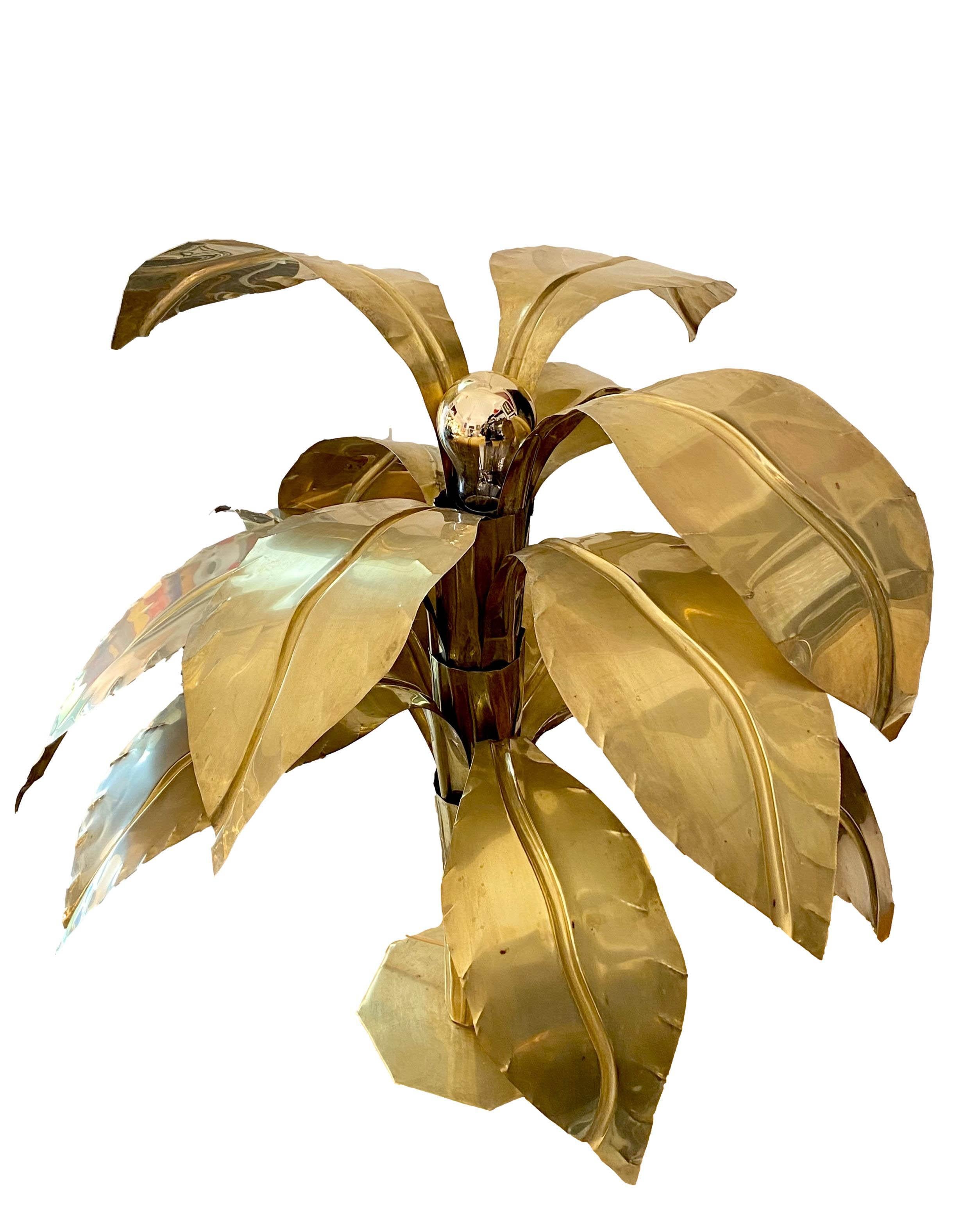 Italian Tommaso Barbi Style Brass Palm Tree Table Lamp, 1970s