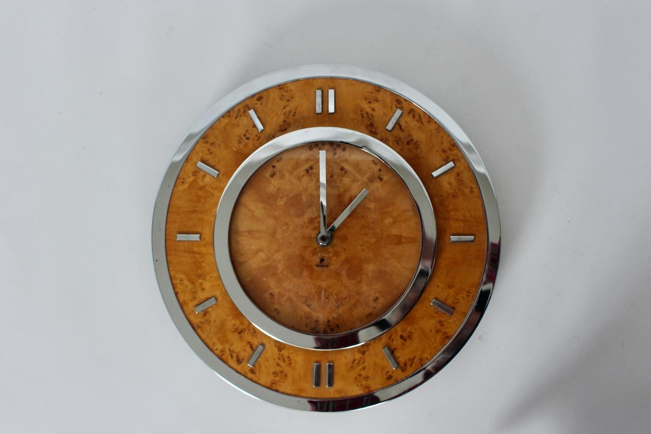 Tommaso Barbi Style Burled Elm & Chrome Hanging Wall Clock, Circa 1970 For Sale 12