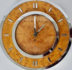 Tommaso Barbi Style Burled Elm & Chrome Hanging Wall Clock, Circa 1970