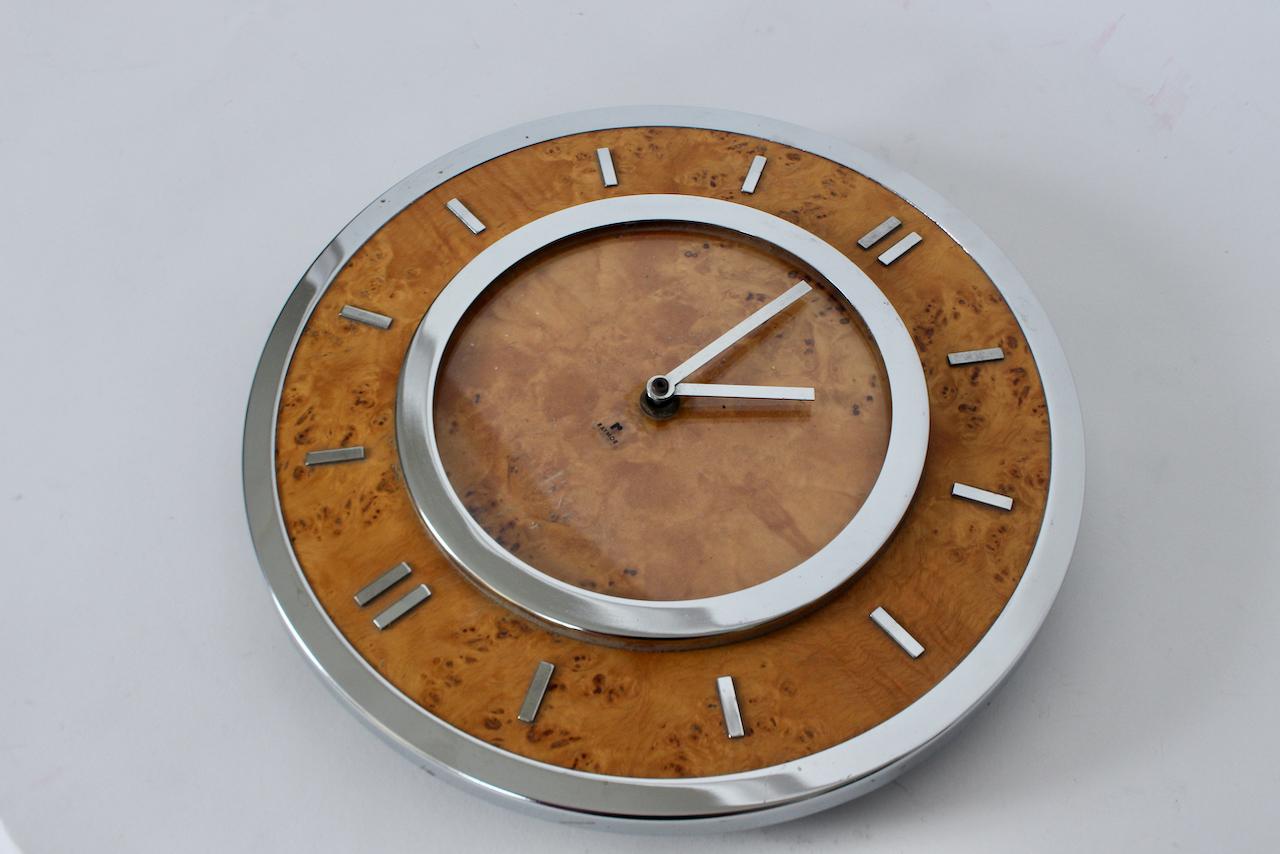 Modern Tommaso Barbi Style Burled Elm & Chrome Hanging Wall Clock, Circa 1970 For Sale