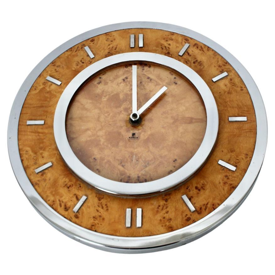 Tommaso Barbi Style Burled Elm & Chrome Hanging Wall Clock, Circa 1970 For Sale