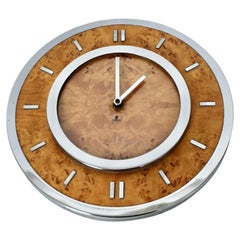 Tommaso Barbi Style Burled Elm & Chrome Hanging Wall Clock, Circa 1970