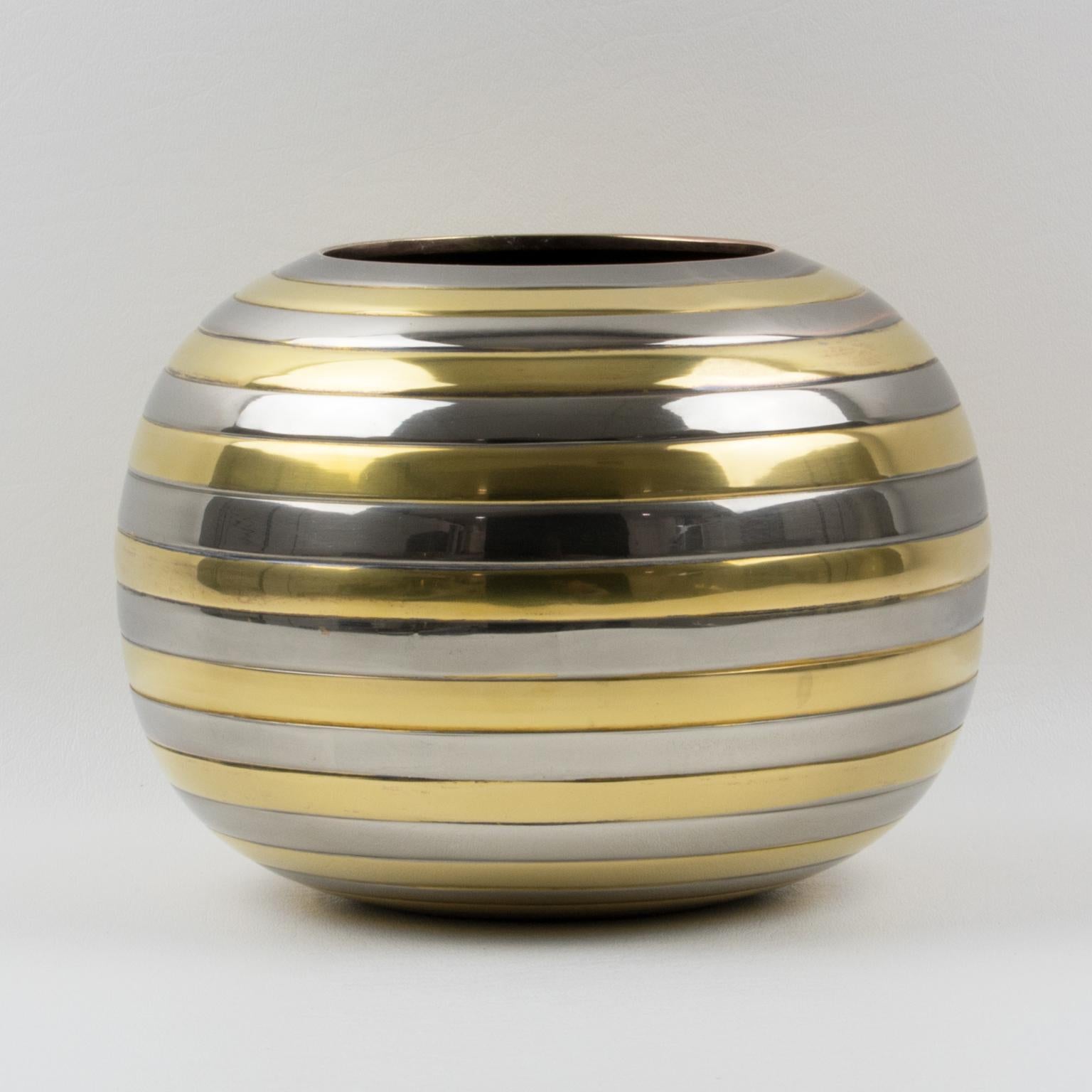 Mid-Century Modern Tommaso Barbi Style Chrome and Brass Striped Vase