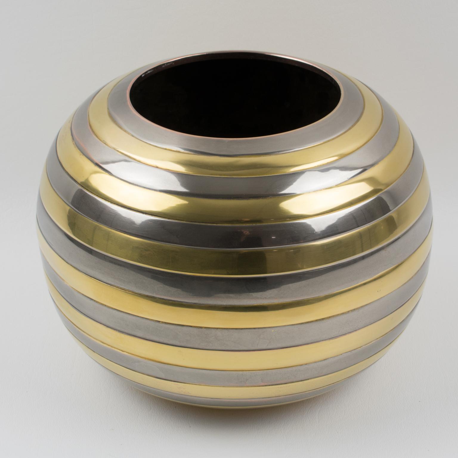 Italian Tommaso Barbi Style Chrome and Brass Striped Vase