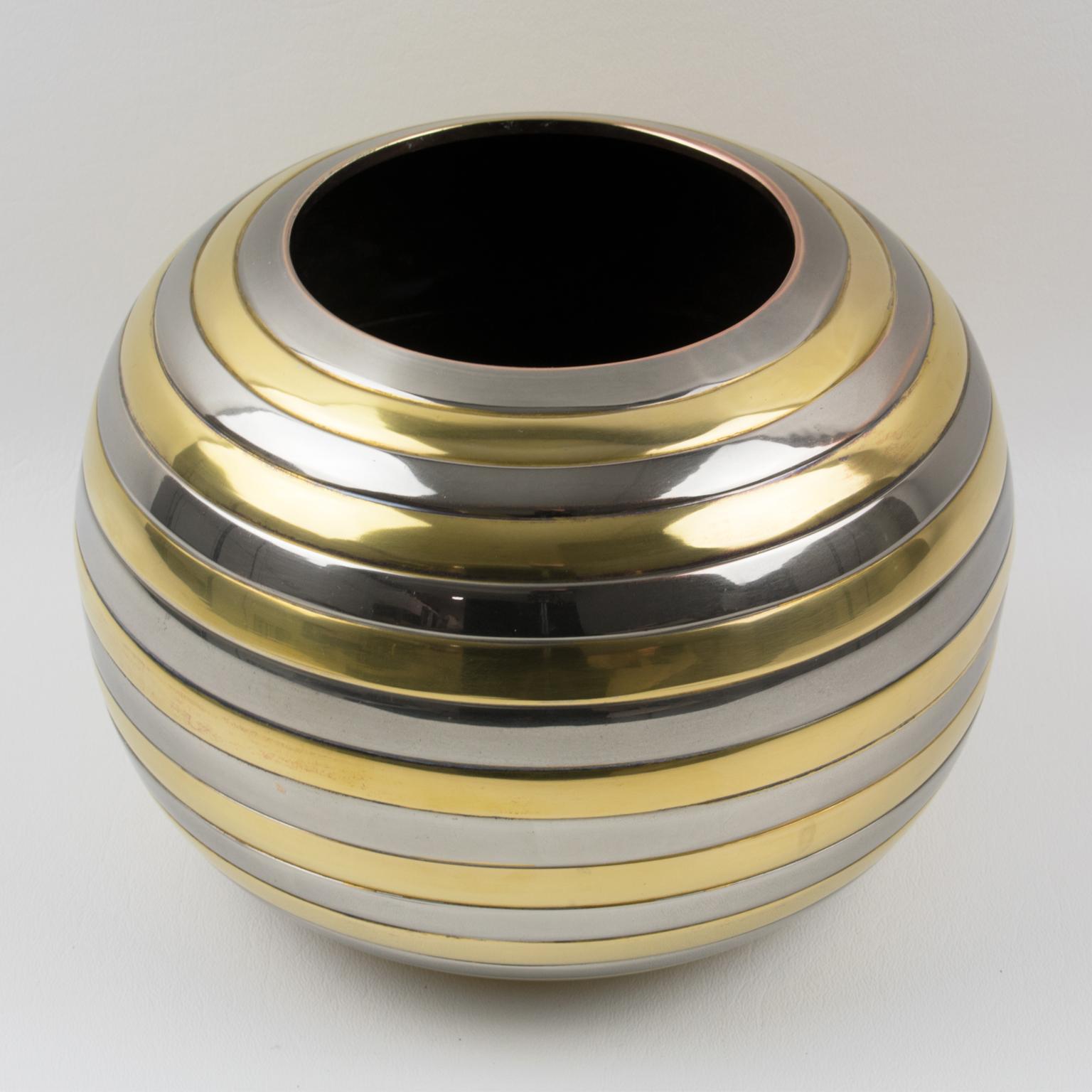 Tommaso Barbi Style Chrome and Brass Striped Vase In Good Condition In Atlanta, GA