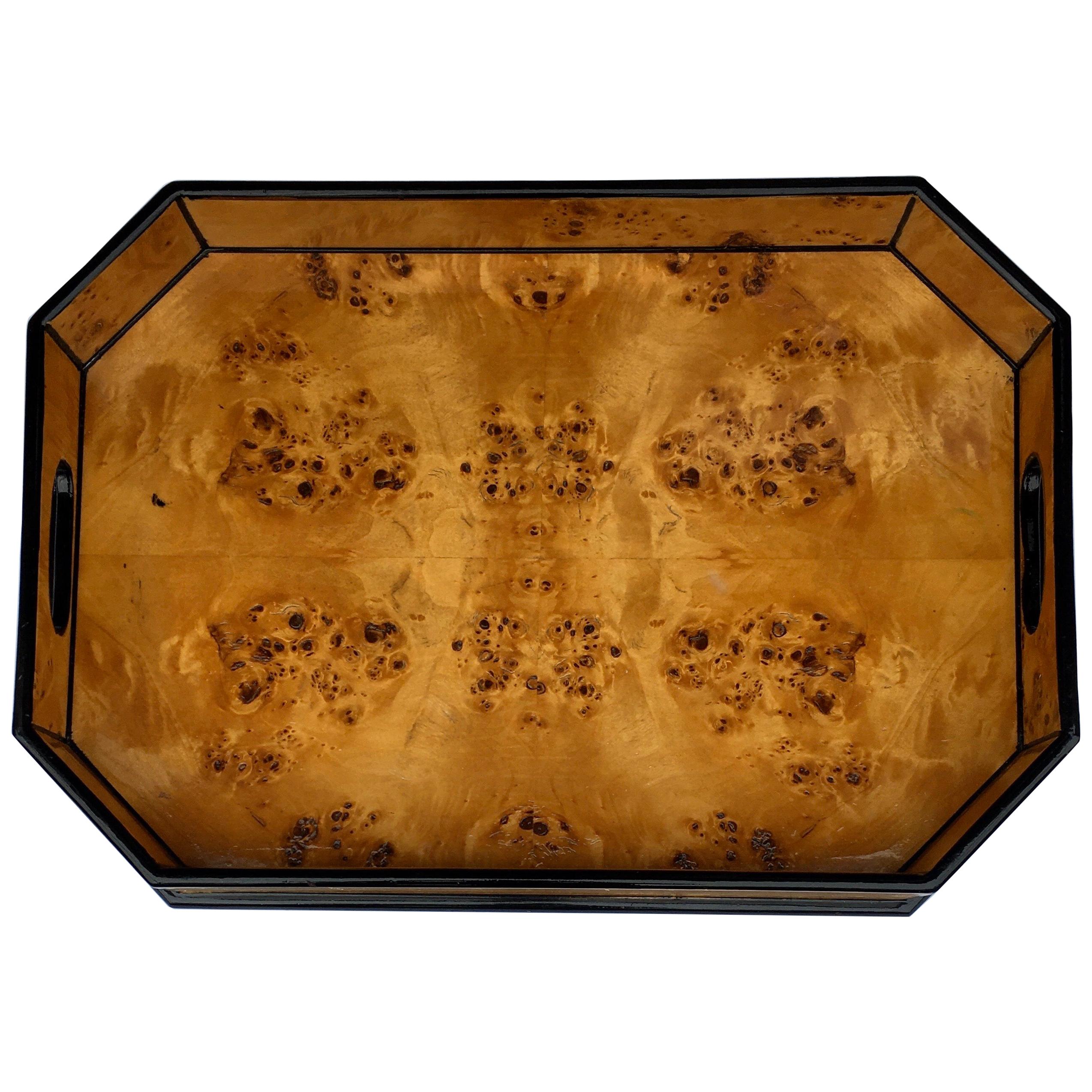 Tommaso Barbi Style Lacquer Burl Wood Serving Bar Ottoman Tray