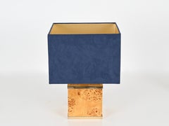 Tommaso Barbi Table Lamp in Brass and Burl w/ Blue Velvet Shade, Italy 1970s