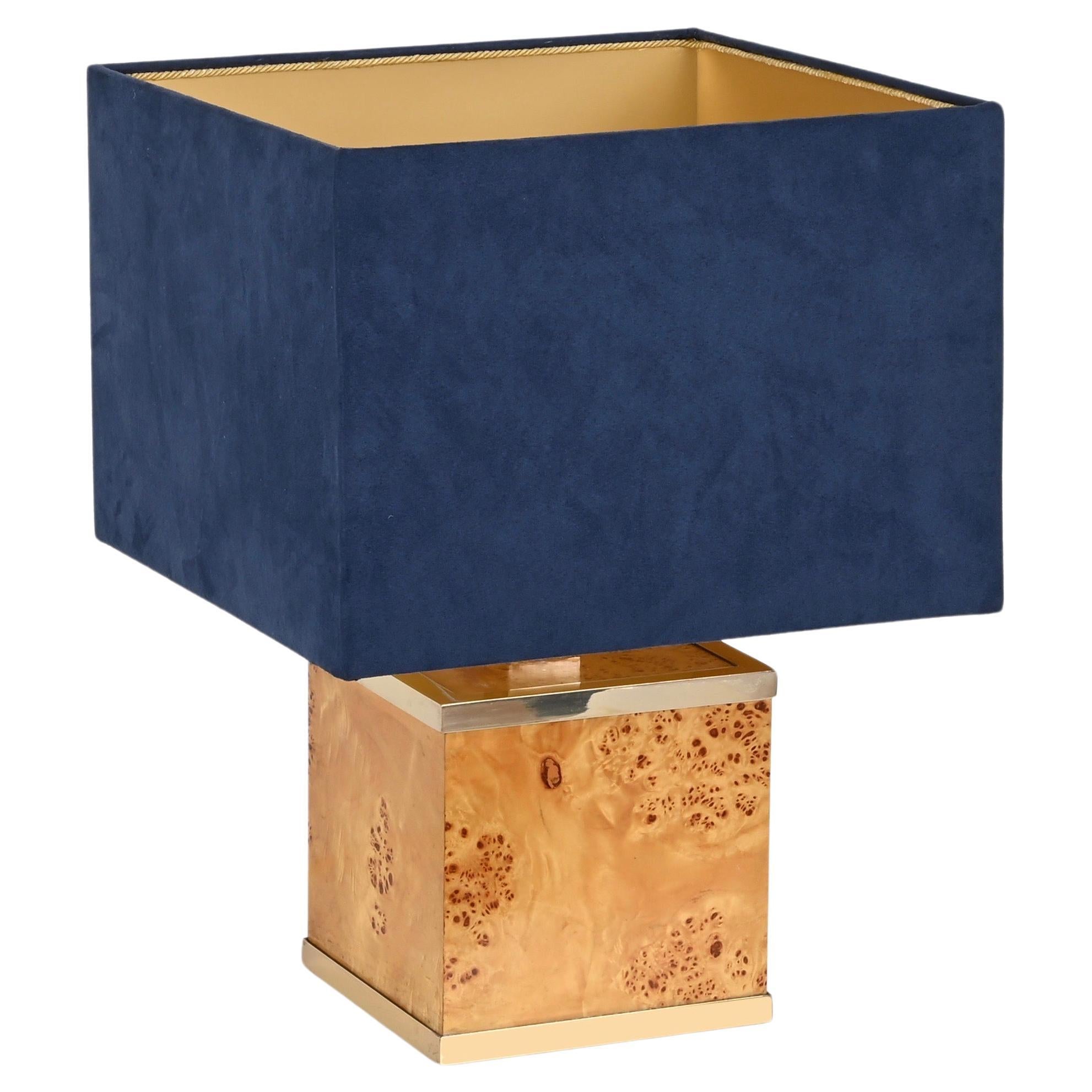 Lampe de bureau Tommaso Barbi en laiton et broussin avec abat-jour en velours bleu, Italie 1970 en vente