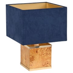 Tommaso Barbi Table Lamp in Brass and Burl w/ Blue Velvet Shade, Italy 1970s