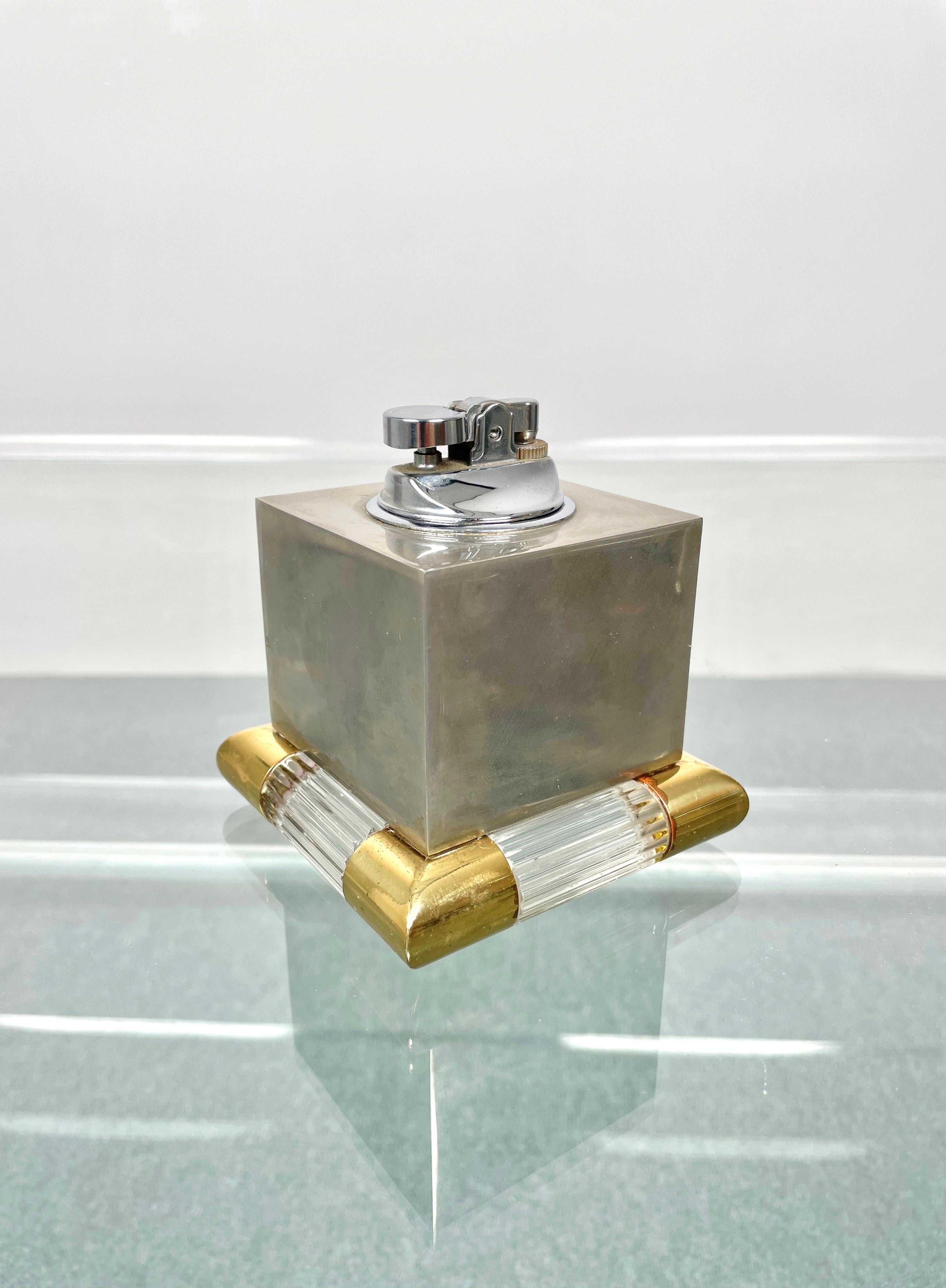 Mid-Century Modern Tommaso Barbi Table Lighter in Brass, Murano Glass and Steel, Italy, 1970s