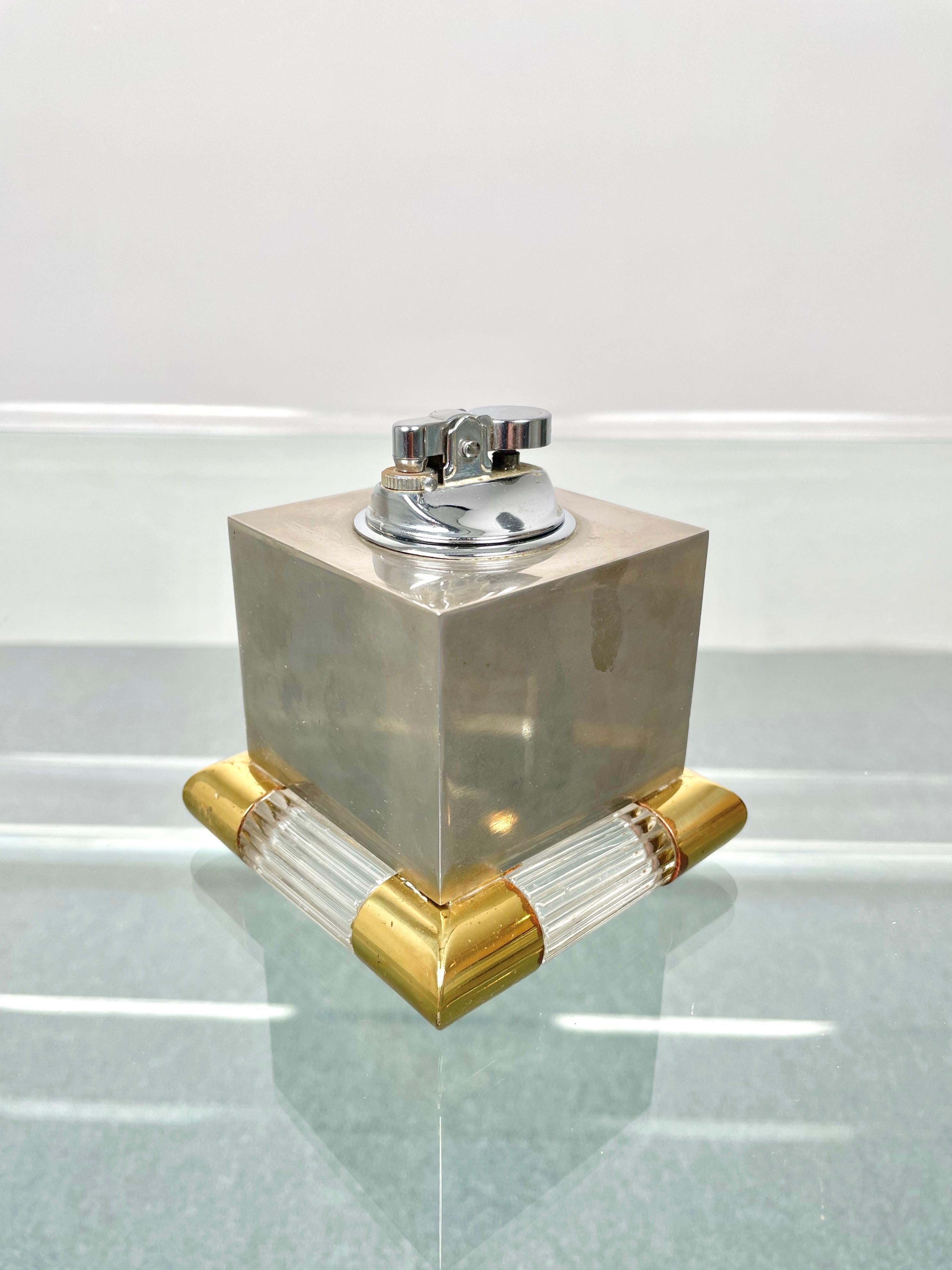 Italian Tommaso Barbi Table Lighter in Brass, Murano Glass and Steel, Italy, 1970s